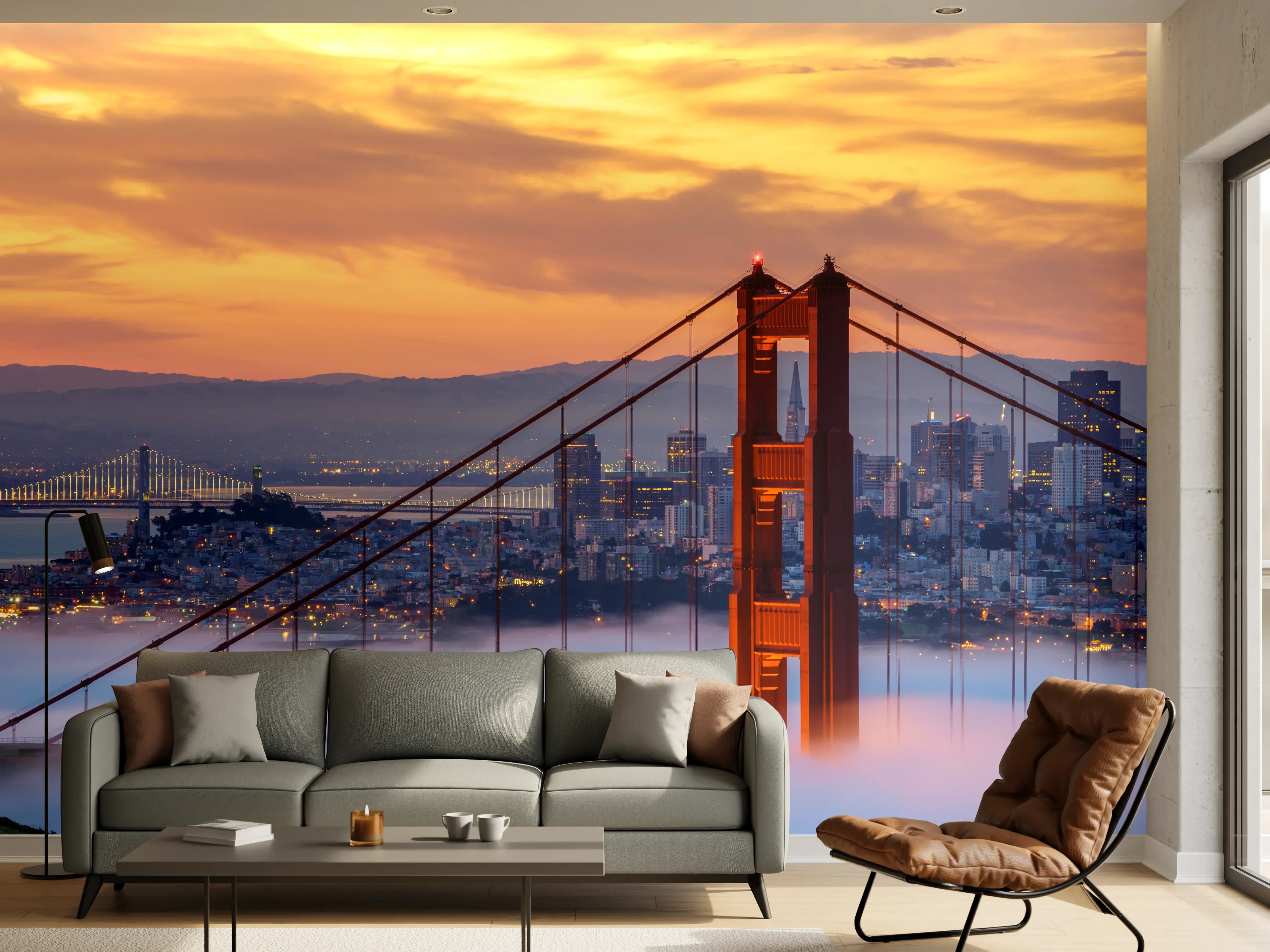 Wandverkleidung Wohnzimmer - Golden Gate Bridge beim Sonnenuntergang