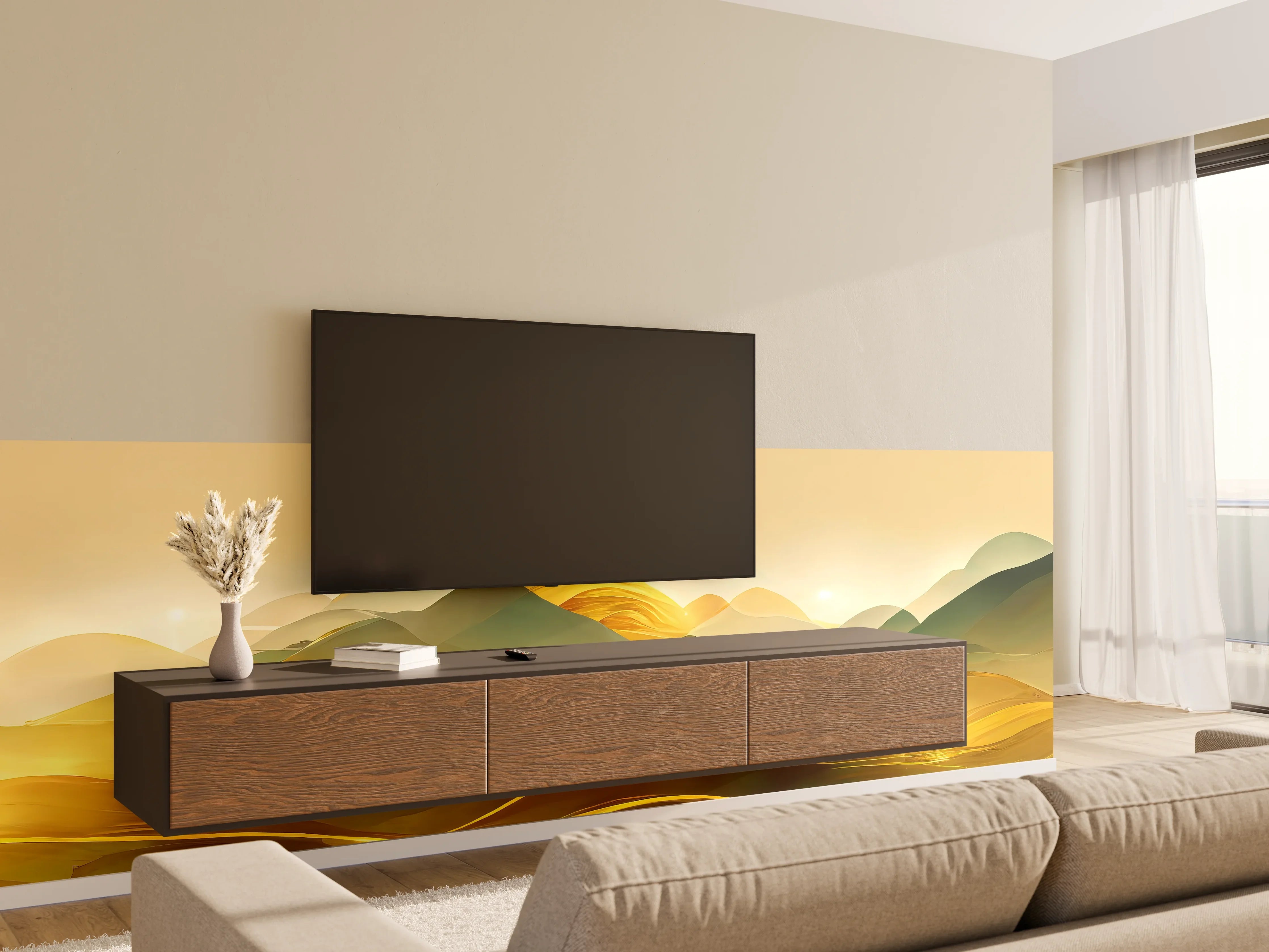 Wandverkleidung Wohnzimmer - Goldene Berglandschaft im Sonnenlicht