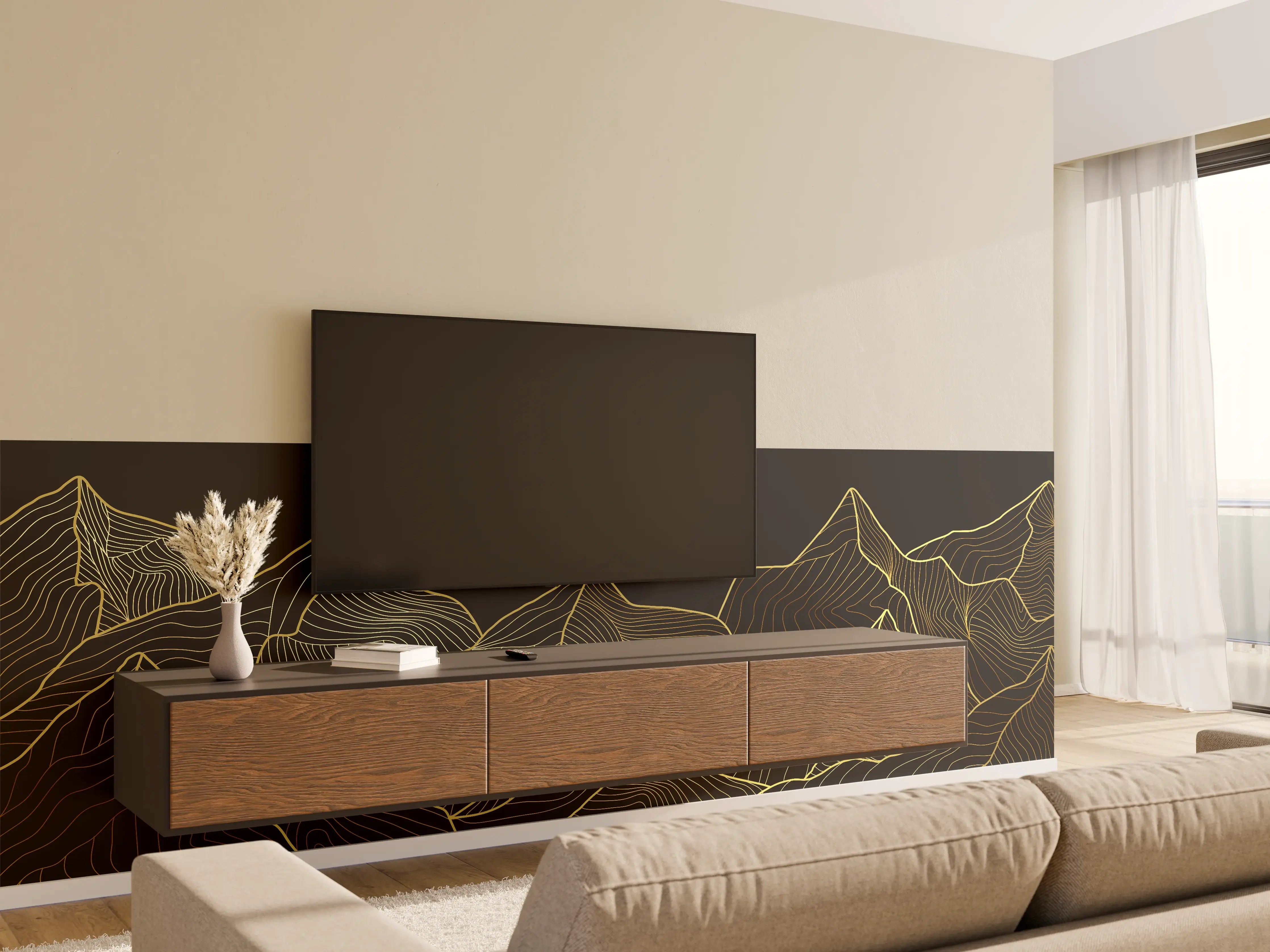 Wandverkleidung Wohnzimmer - Goldene Berglinien auf Schwarz