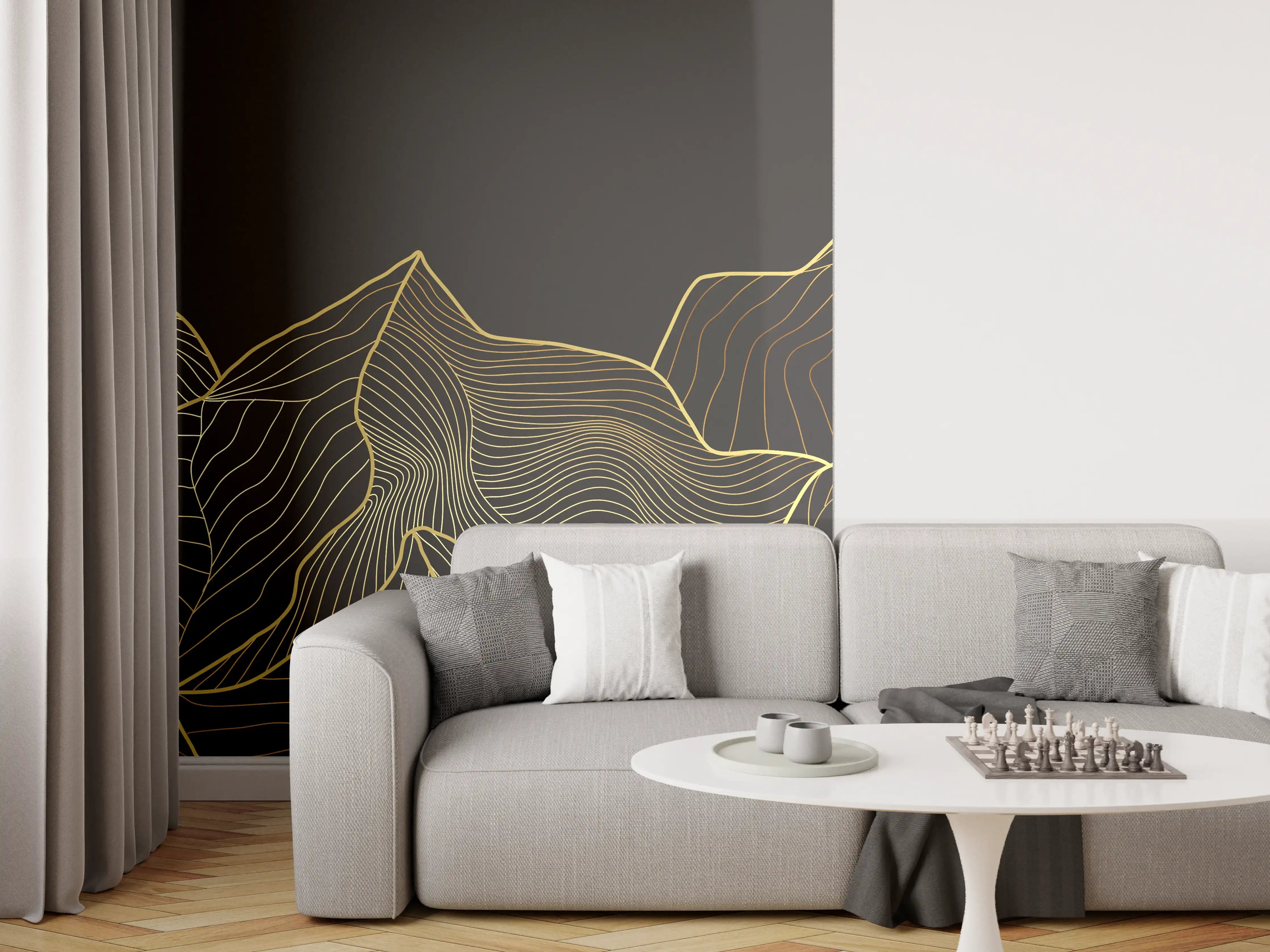 Wandverkleidung Wohnzimmer - Goldene Berglinien auf Schwarz