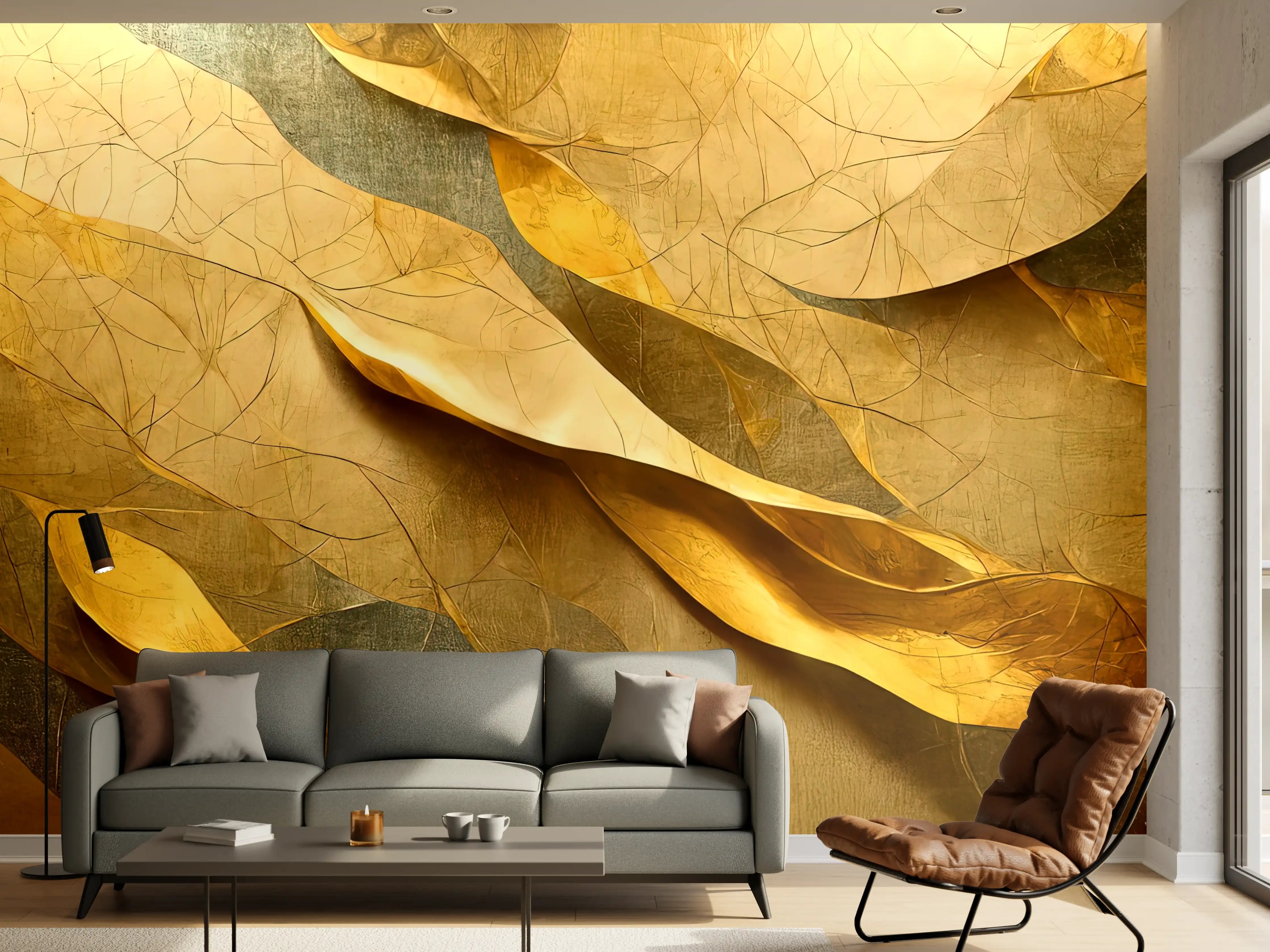Wandverkleidung Wohnzimmer - Goldene Blätter Natur