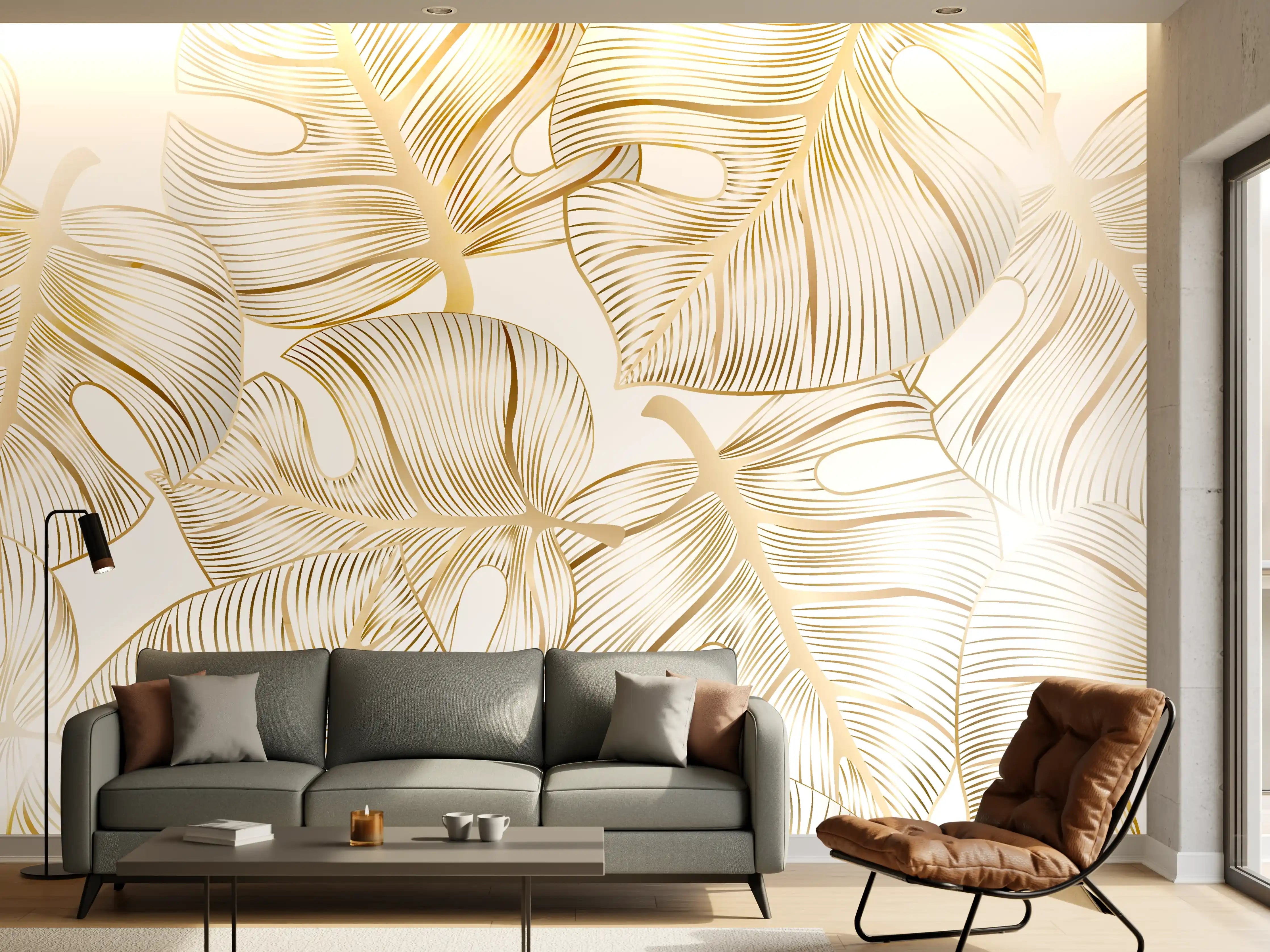 Wandverkleidung Wohnzimmer - Goldene Blattadern Struktur