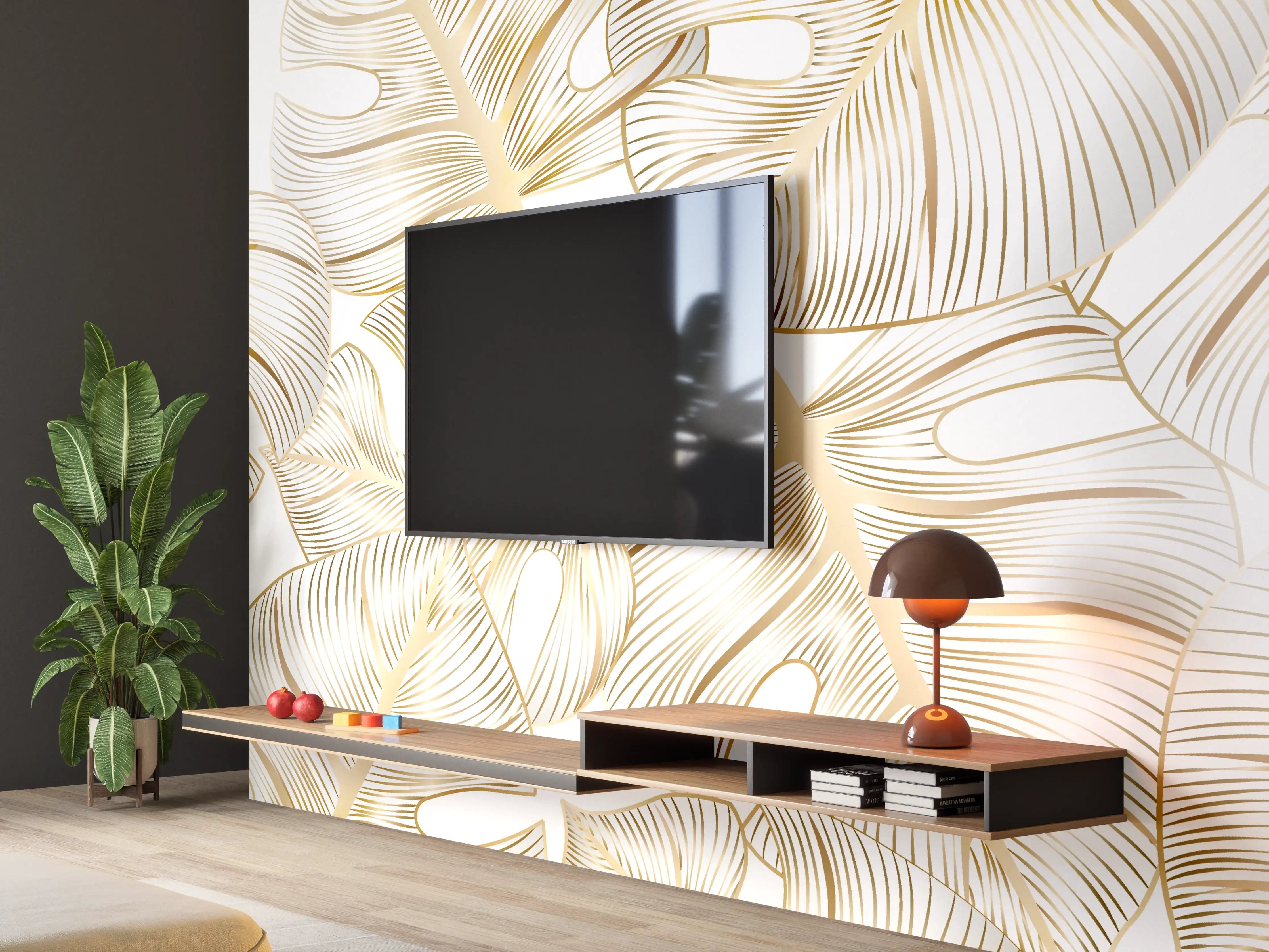 Wandverkleidung Wohnzimmer - Goldene Blattadern Struktur