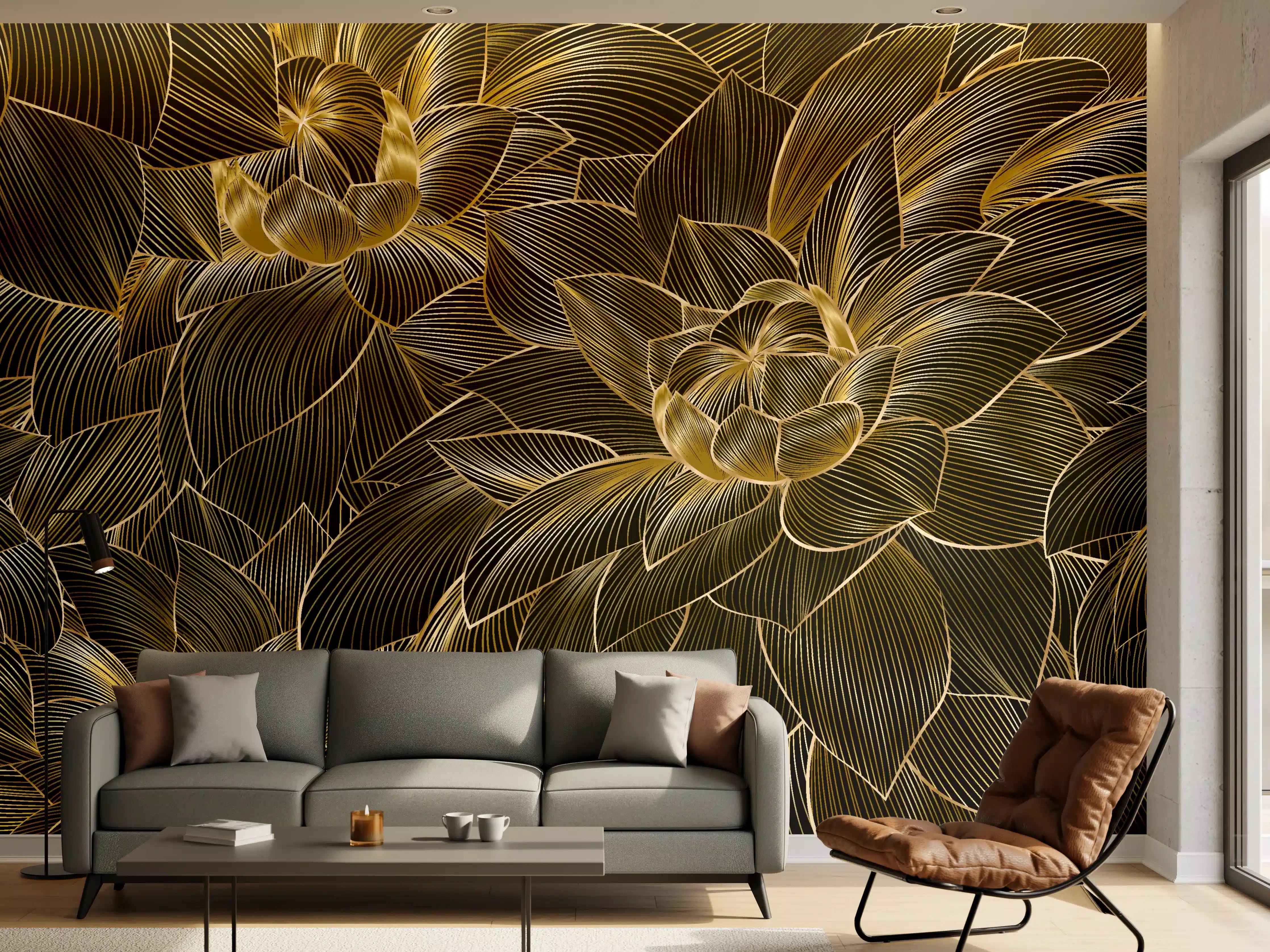 Wandverkleidung Wohnzimmer - Goldene Blütenmuster Tapete