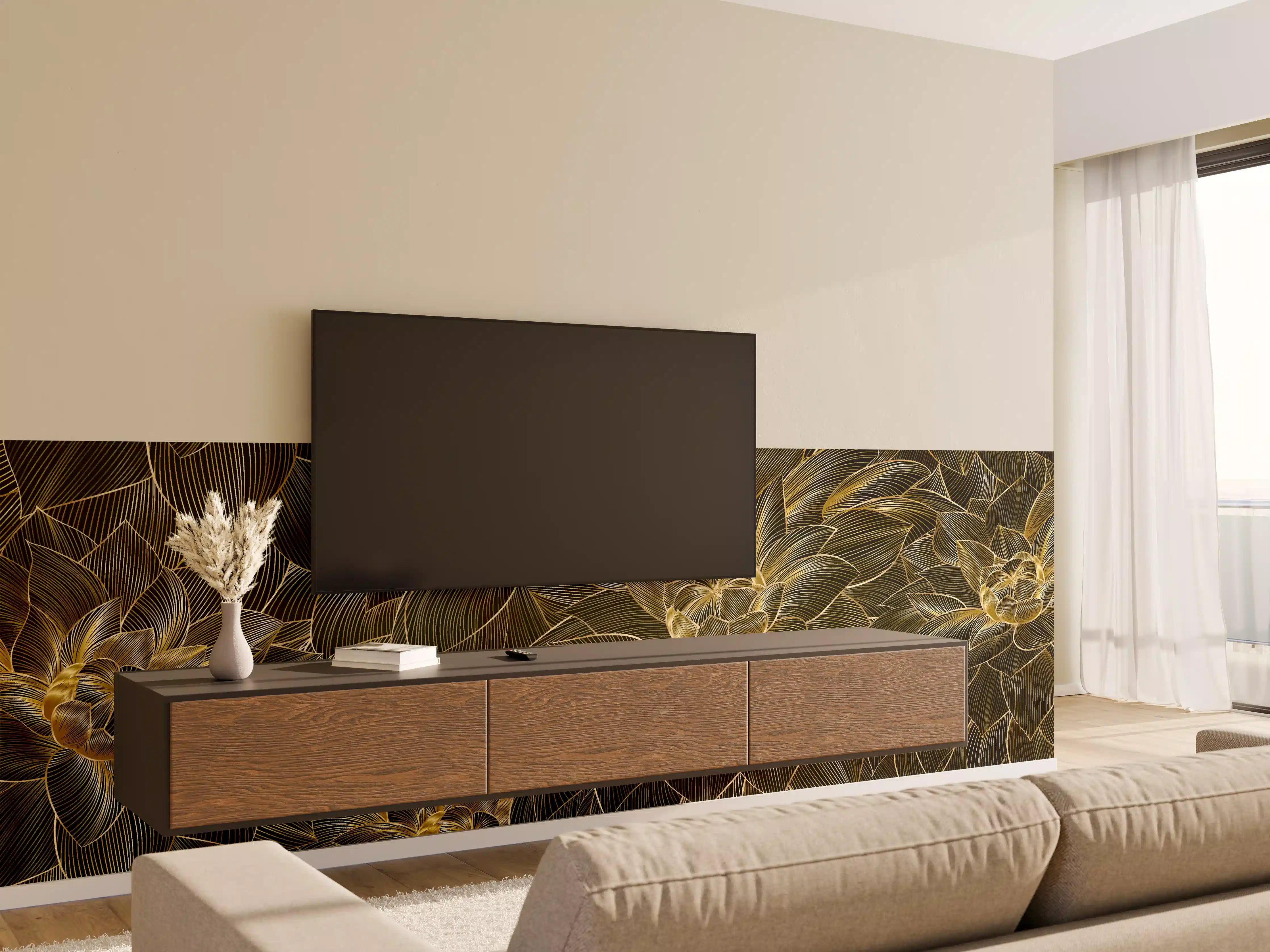 Wandverkleidung Wohnzimmer - Goldene Blütenmuster Tapete