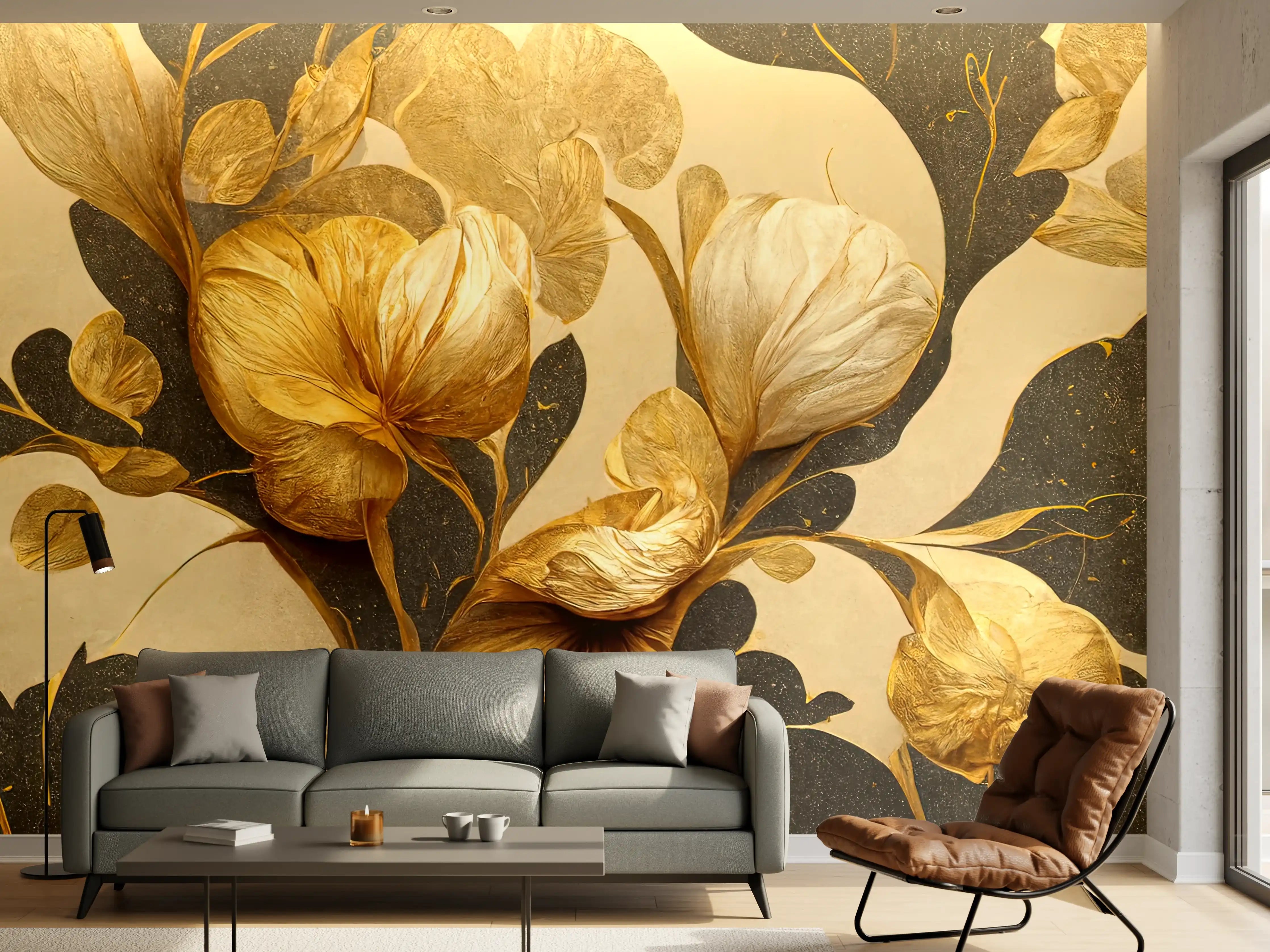 Wandverkleidung Wohnzimmer - Goldene Blumen auf dunklem Hintergrund