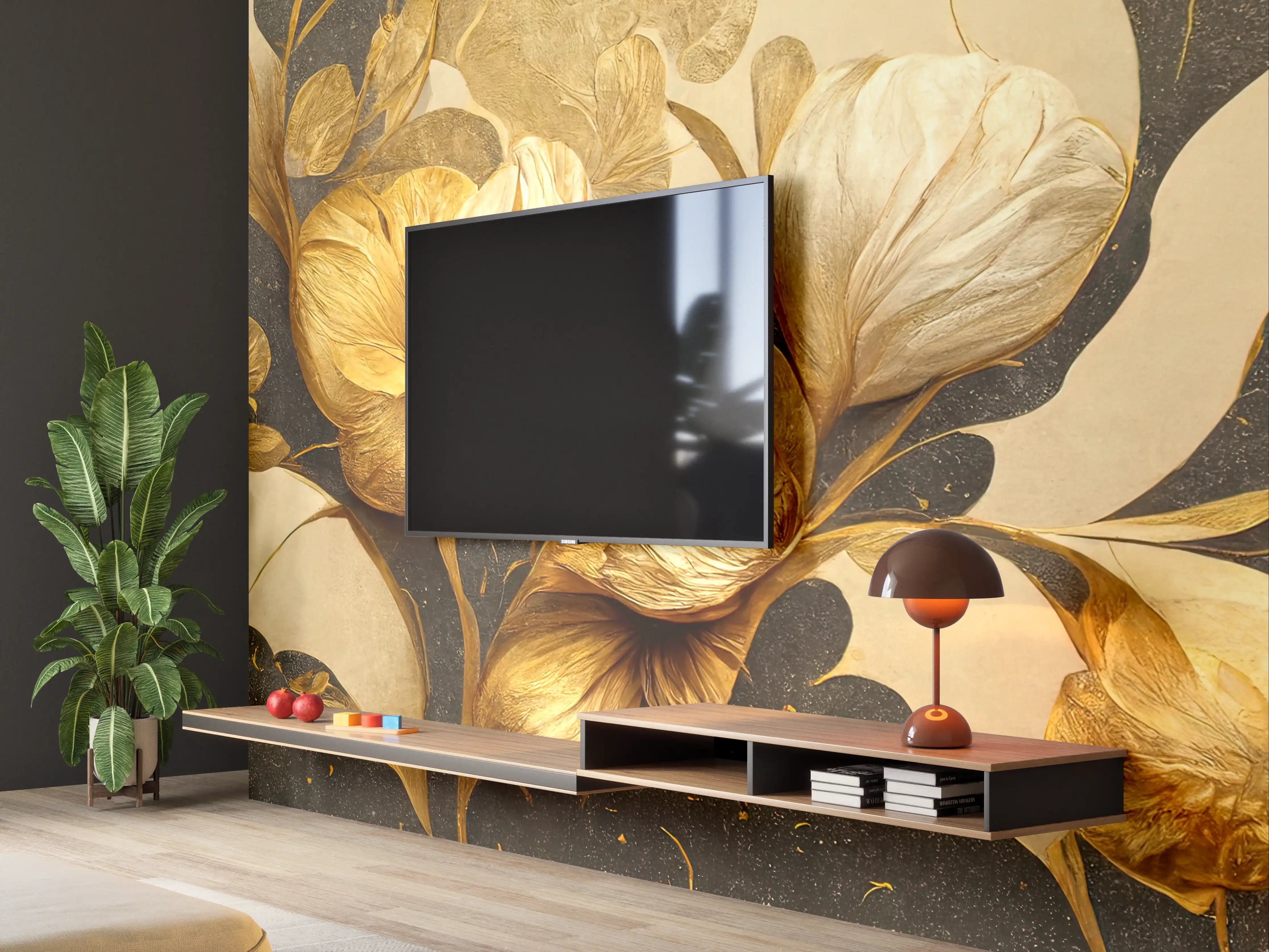 Wandverkleidung Wohnzimmer - Goldene Blumen auf dunklem Hintergrund