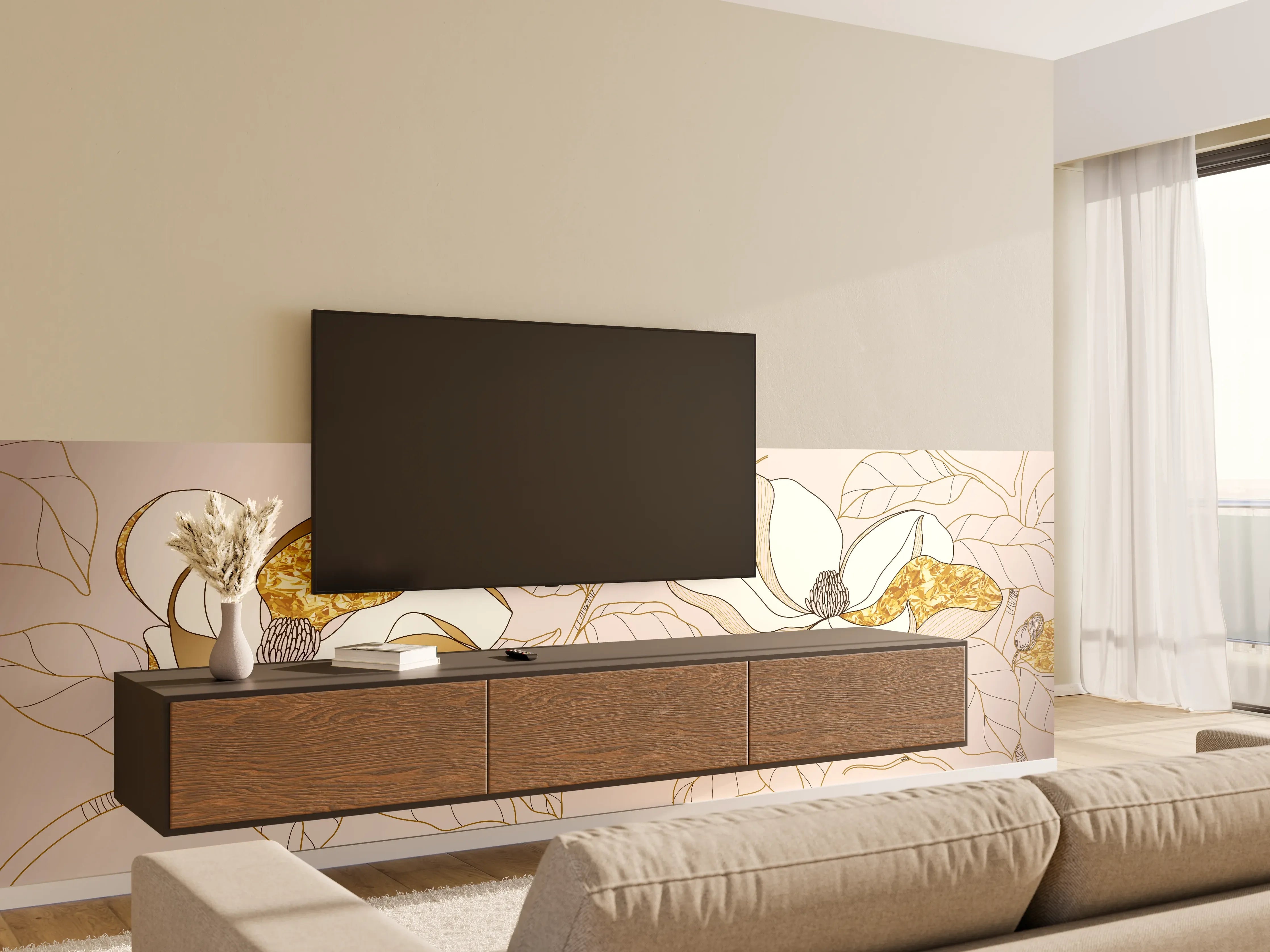 Wandverkleidung Wohnzimmer - Goldene Blumenmuster Illustration