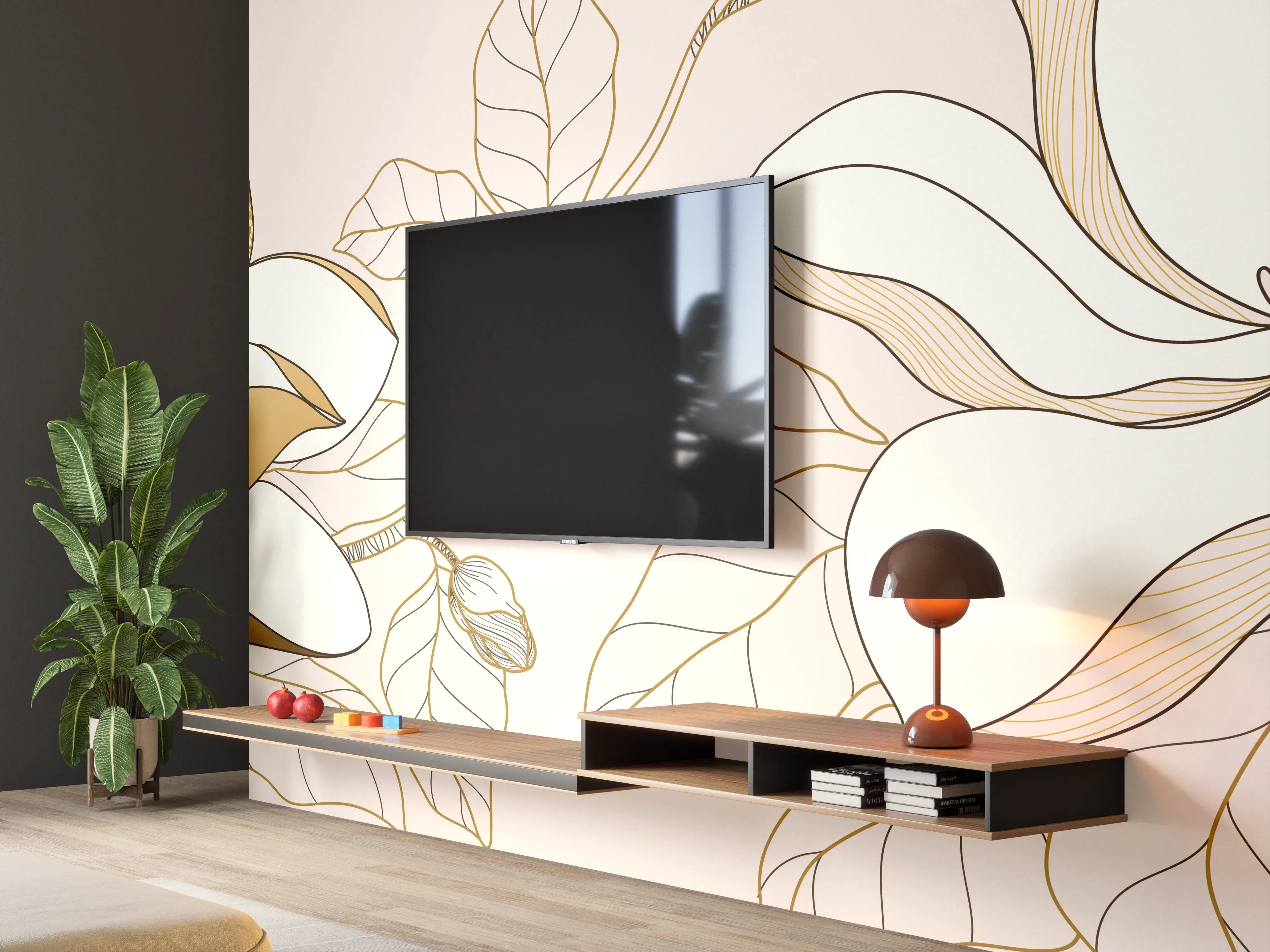 Wandverkleidung Wohnzimmer - Goldene Blumenmuster Illustration