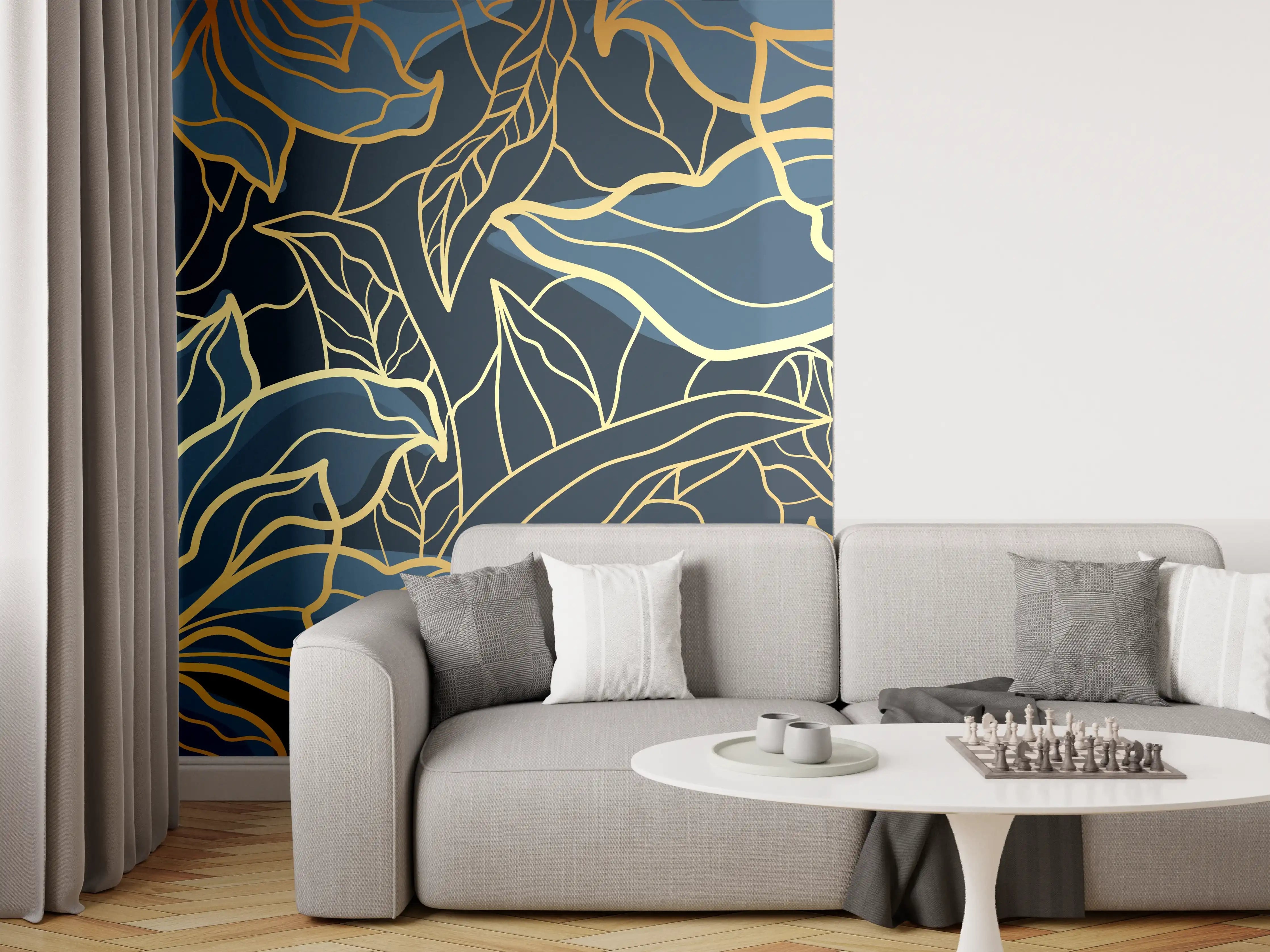 Wandverkleidung Wohnzimmer - Goldene Blumenranken auf Dunkelblau