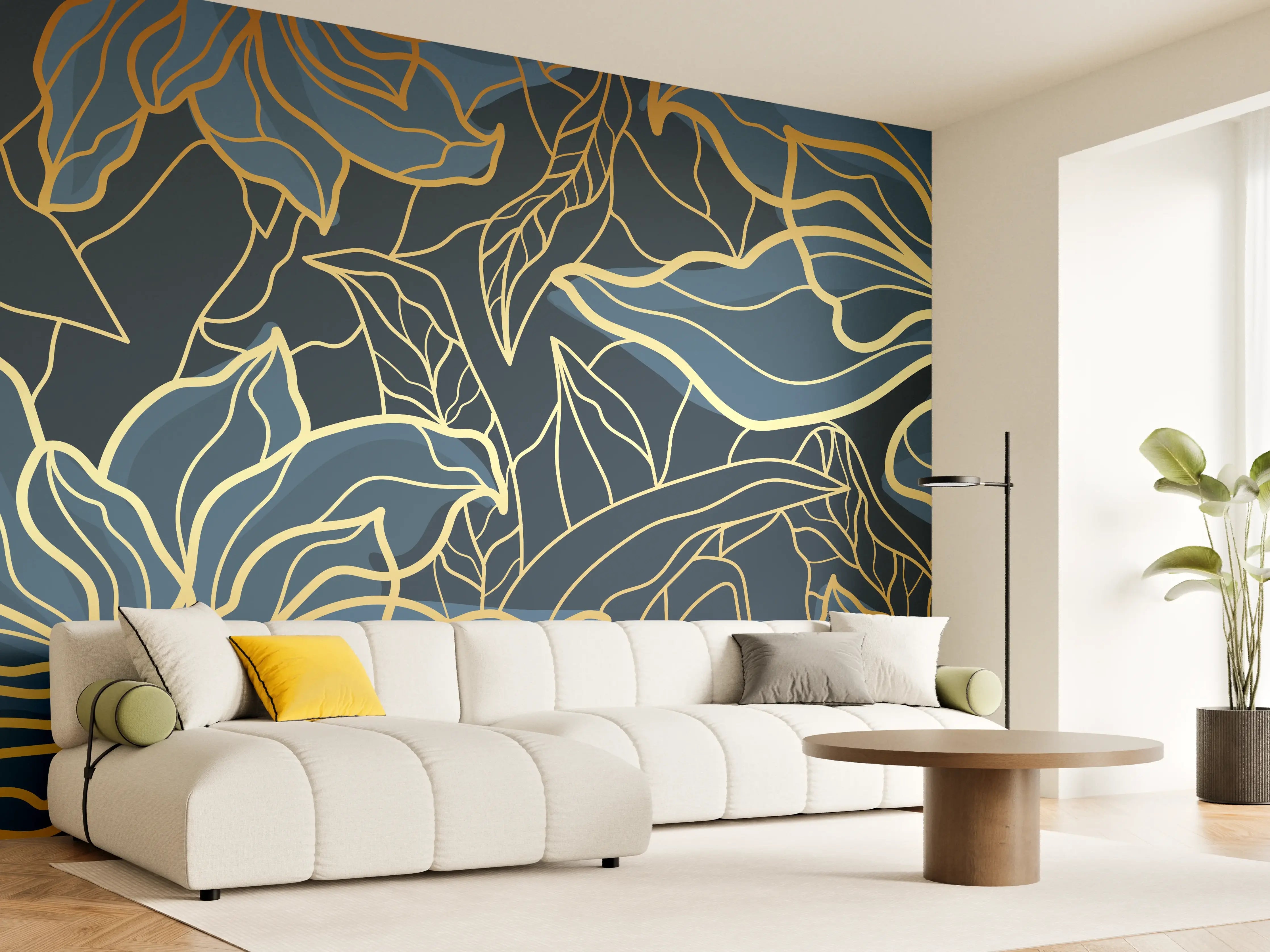Wandverkleidung Wohnzimmer - Goldene Blumenranken auf Dunkelblau