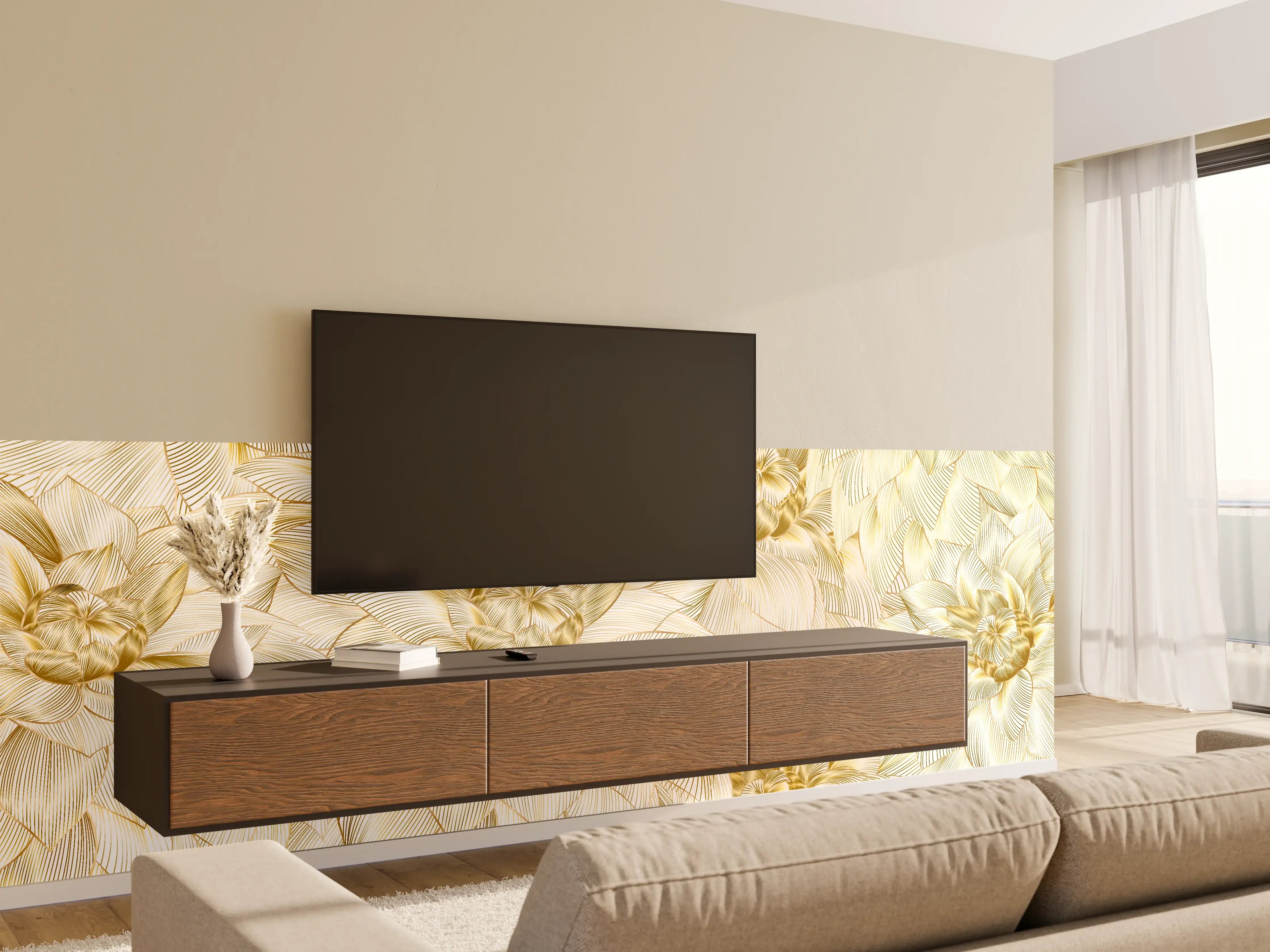 Wandverkleidung Wohnzimmer - Goldene Blumenstruktur Design