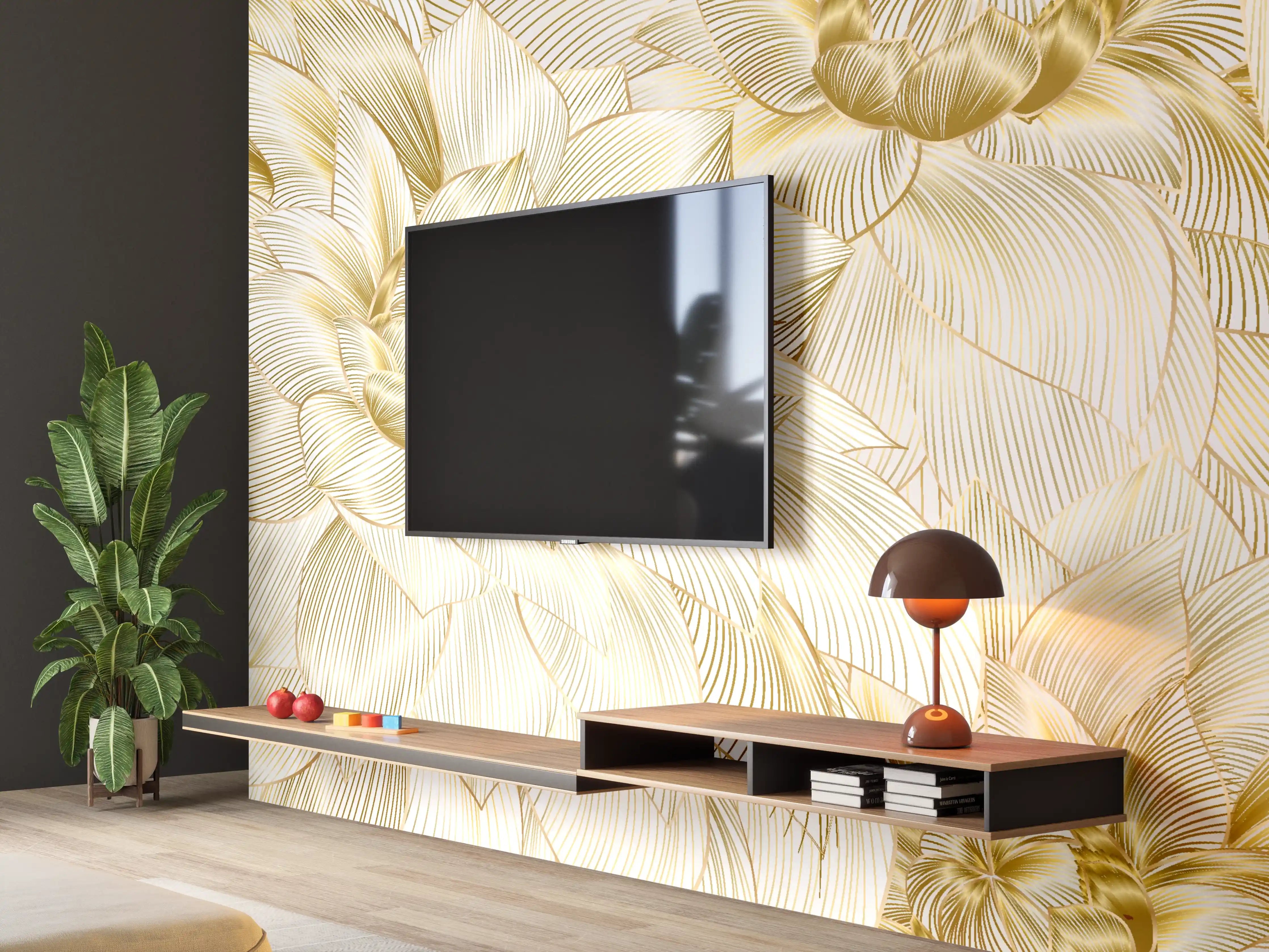 Wandverkleidung Wohnzimmer - Goldene Blumenstruktur Design