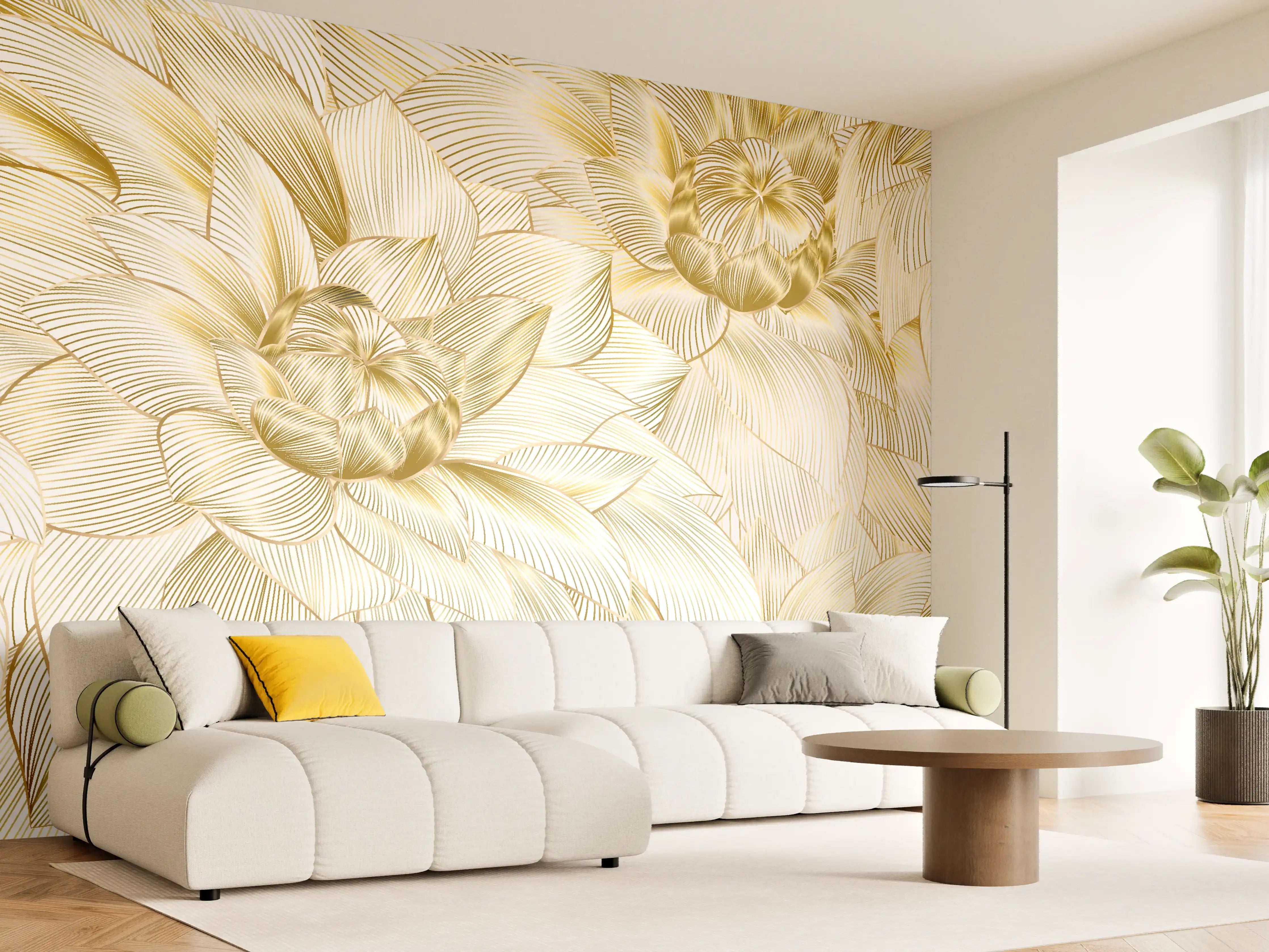 Wandverkleidung Wohnzimmer - Goldene Blumenstruktur Design