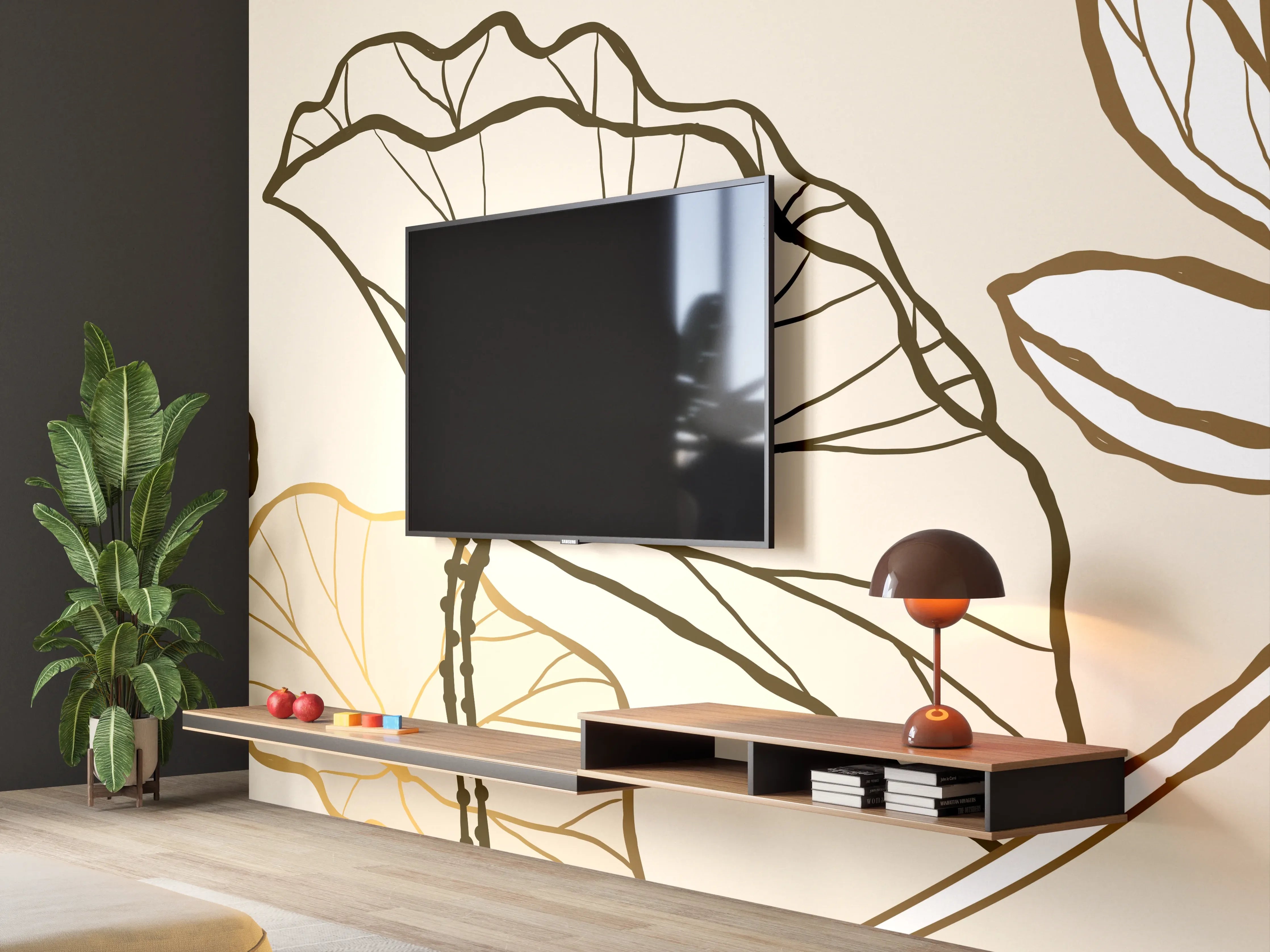 Wandverkleidung Wohnzimmer - Goldene Botanik Lineart Illustration