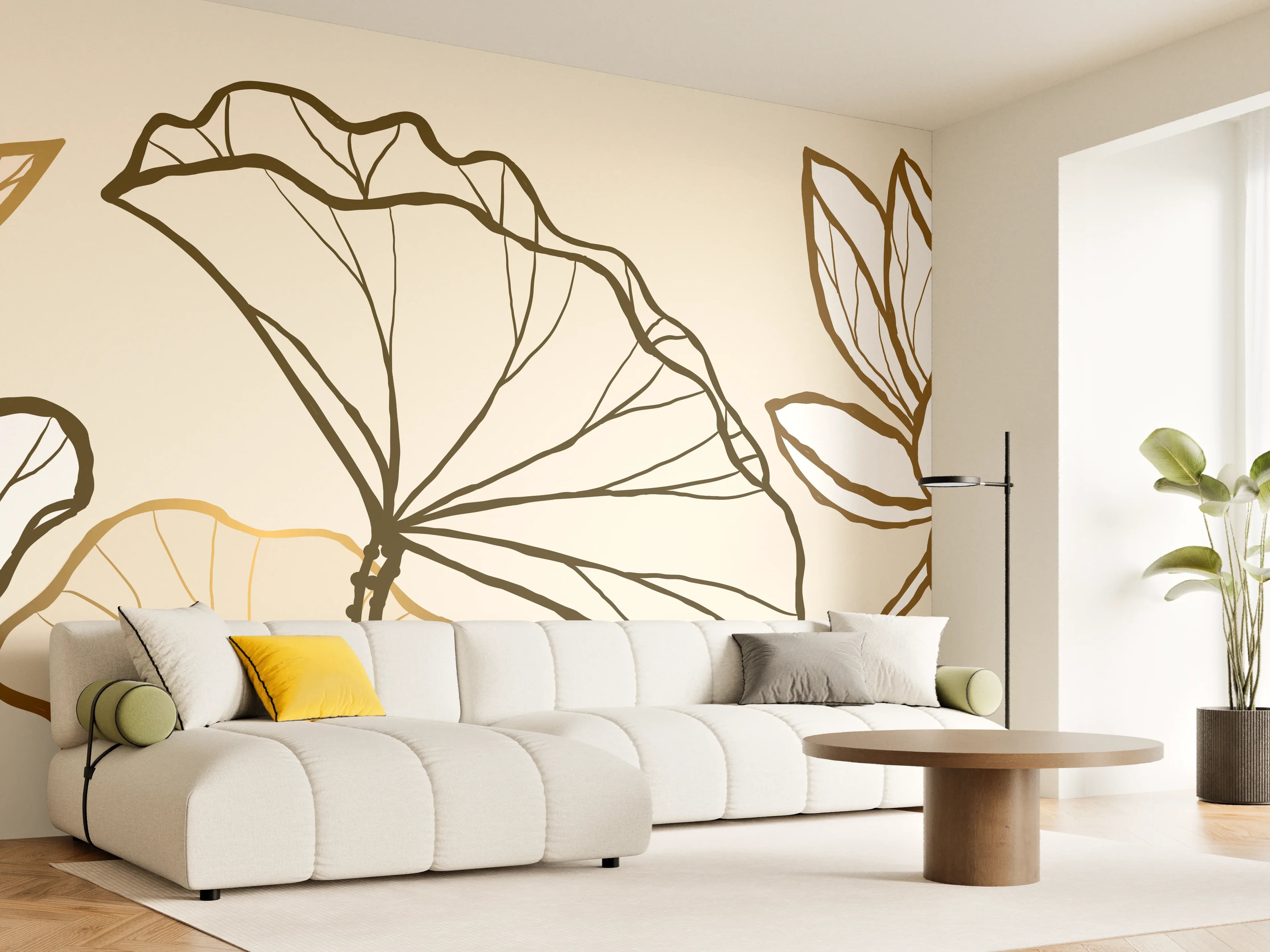 Wandverkleidung Wohnzimmer - Goldene Botanik Lineart Illustration