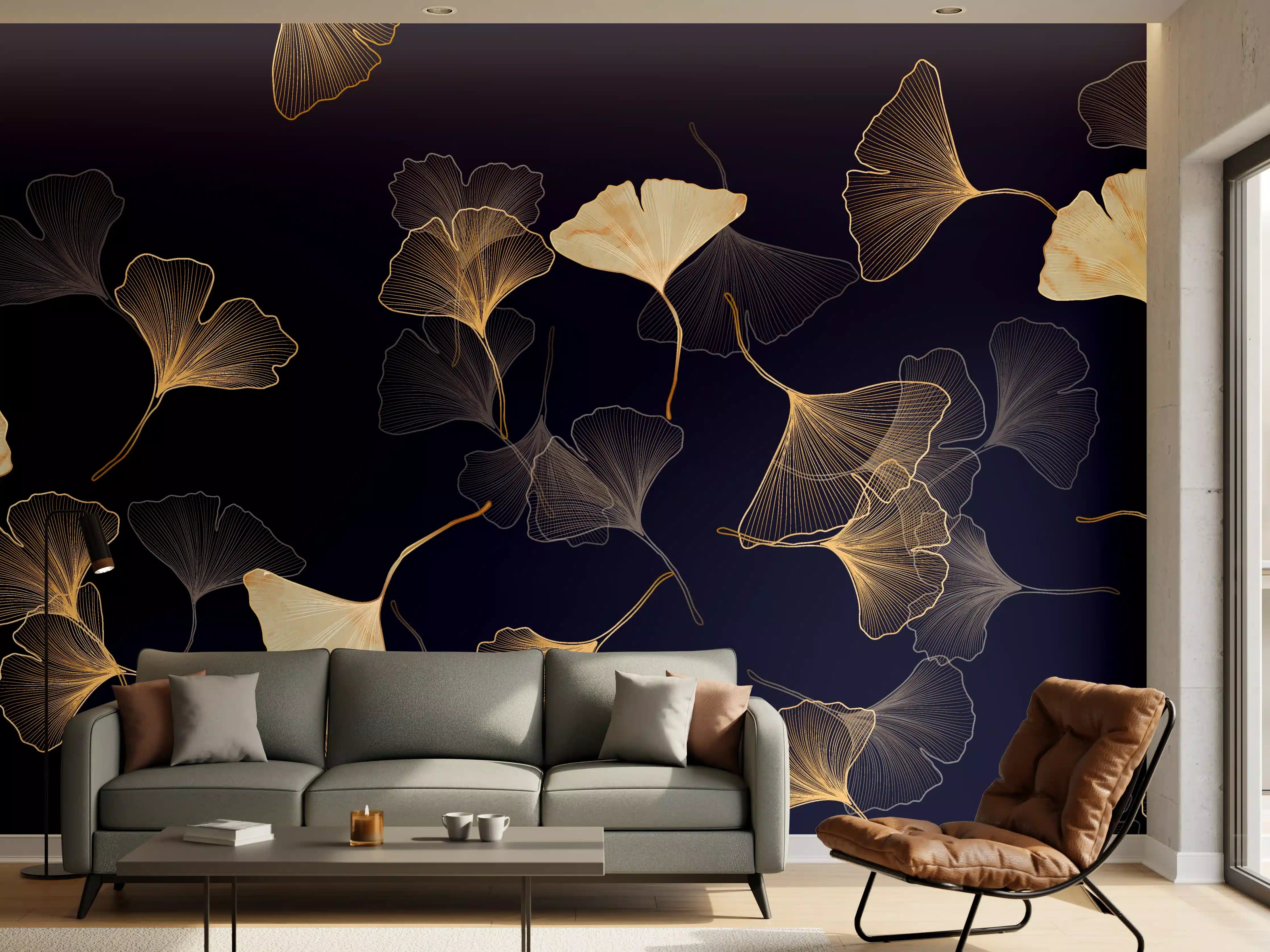Wandverkleidung Wohnzimmer - Goldene Ginkgo Blatt Design Tapete