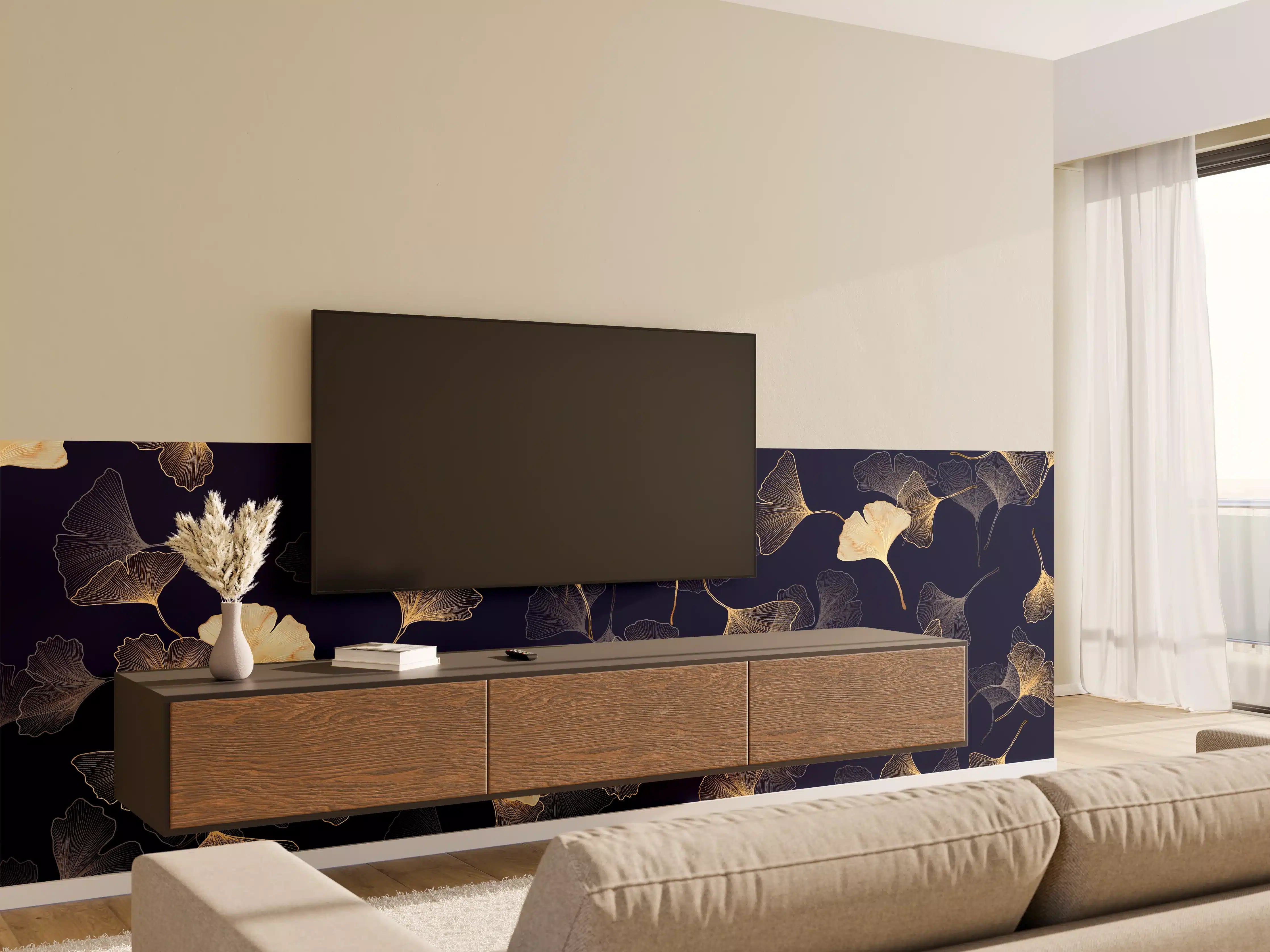 Wandverkleidung Wohnzimmer - Goldene Ginkgo Blatt Design Tapete