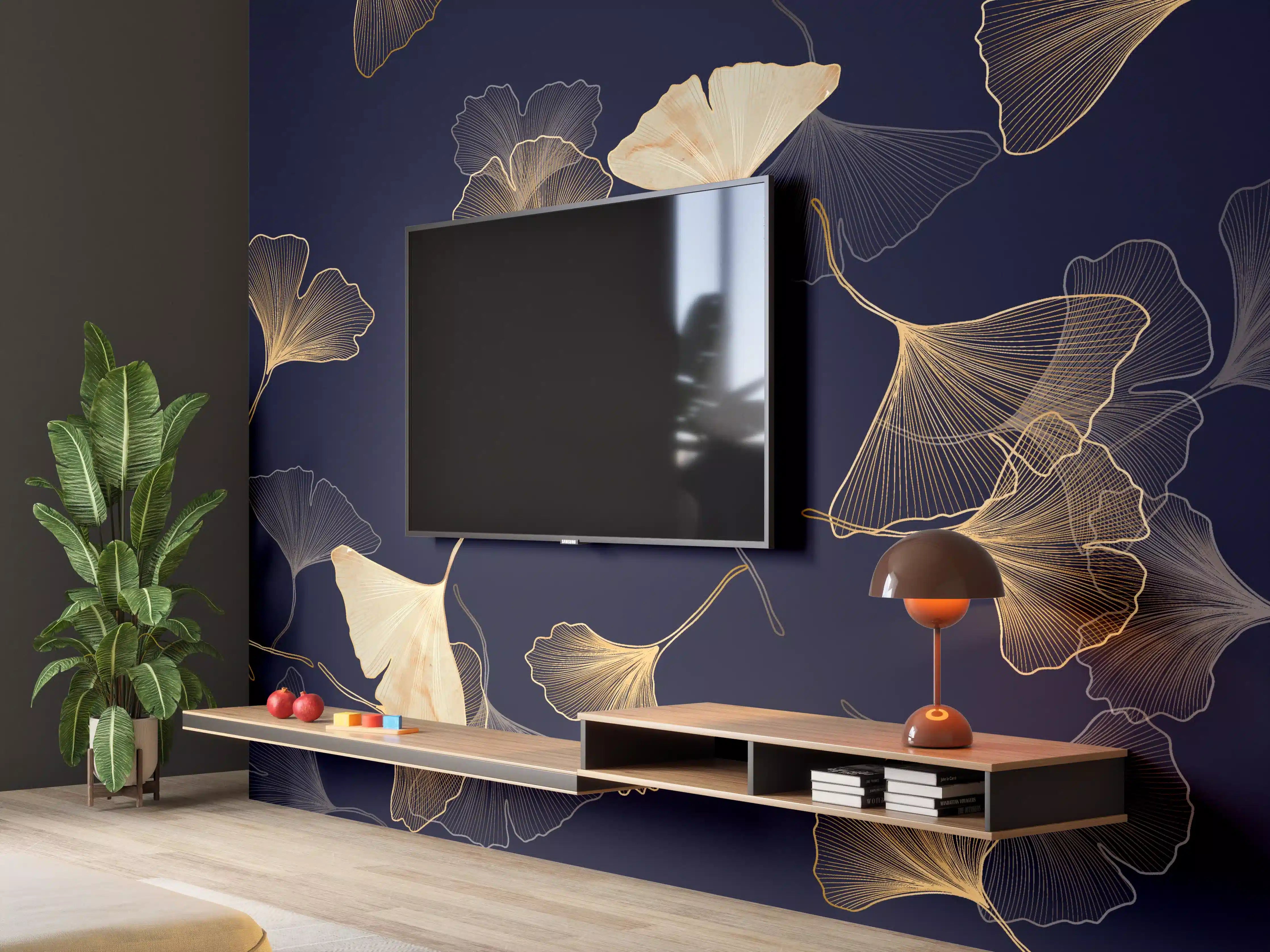 Wandverkleidung Wohnzimmer - Goldene Ginkgo Blatt Design Tapete