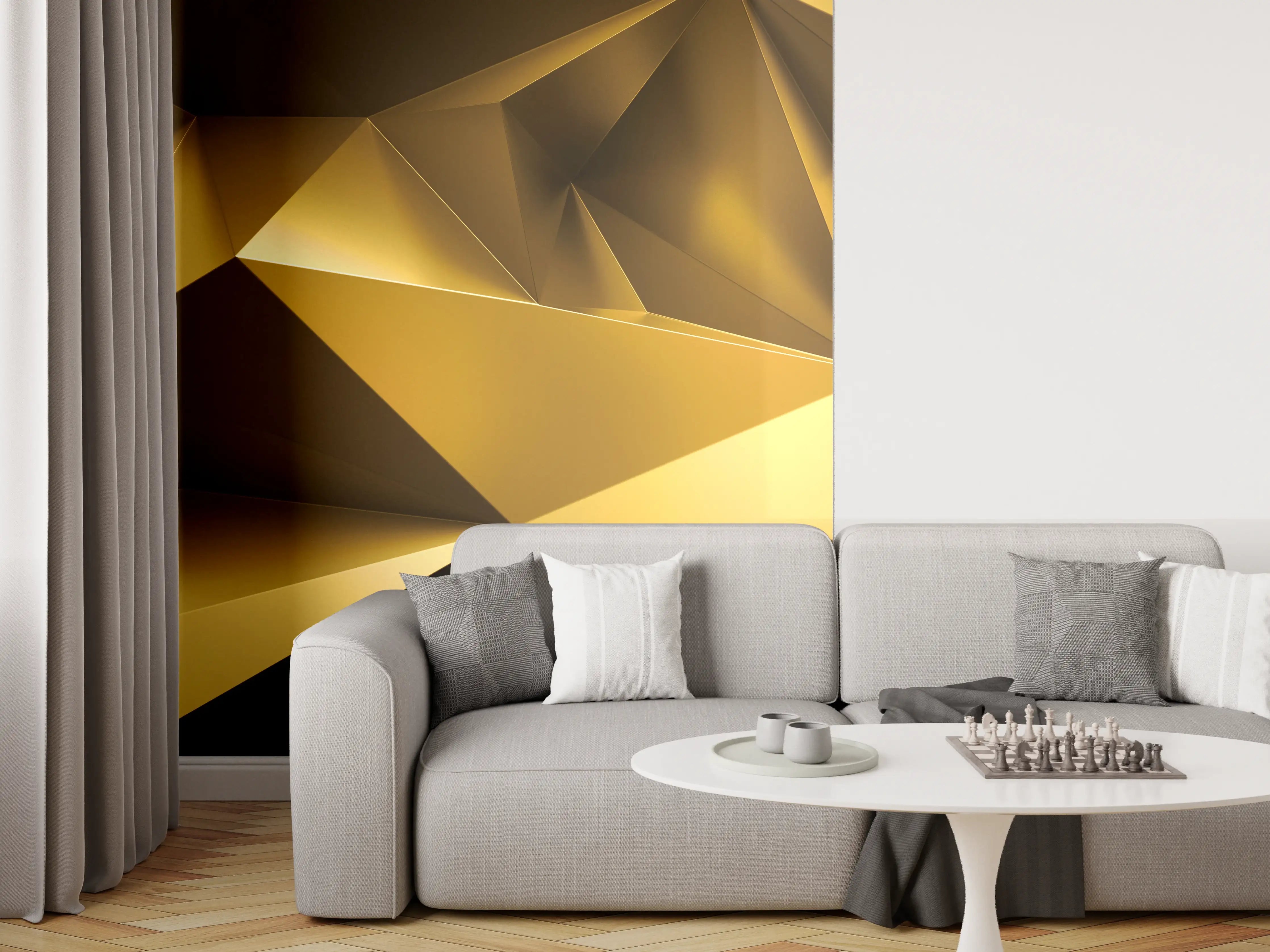 Wandverkleidung Wohnzimmer - Goldene Kristall Polygon Tapete