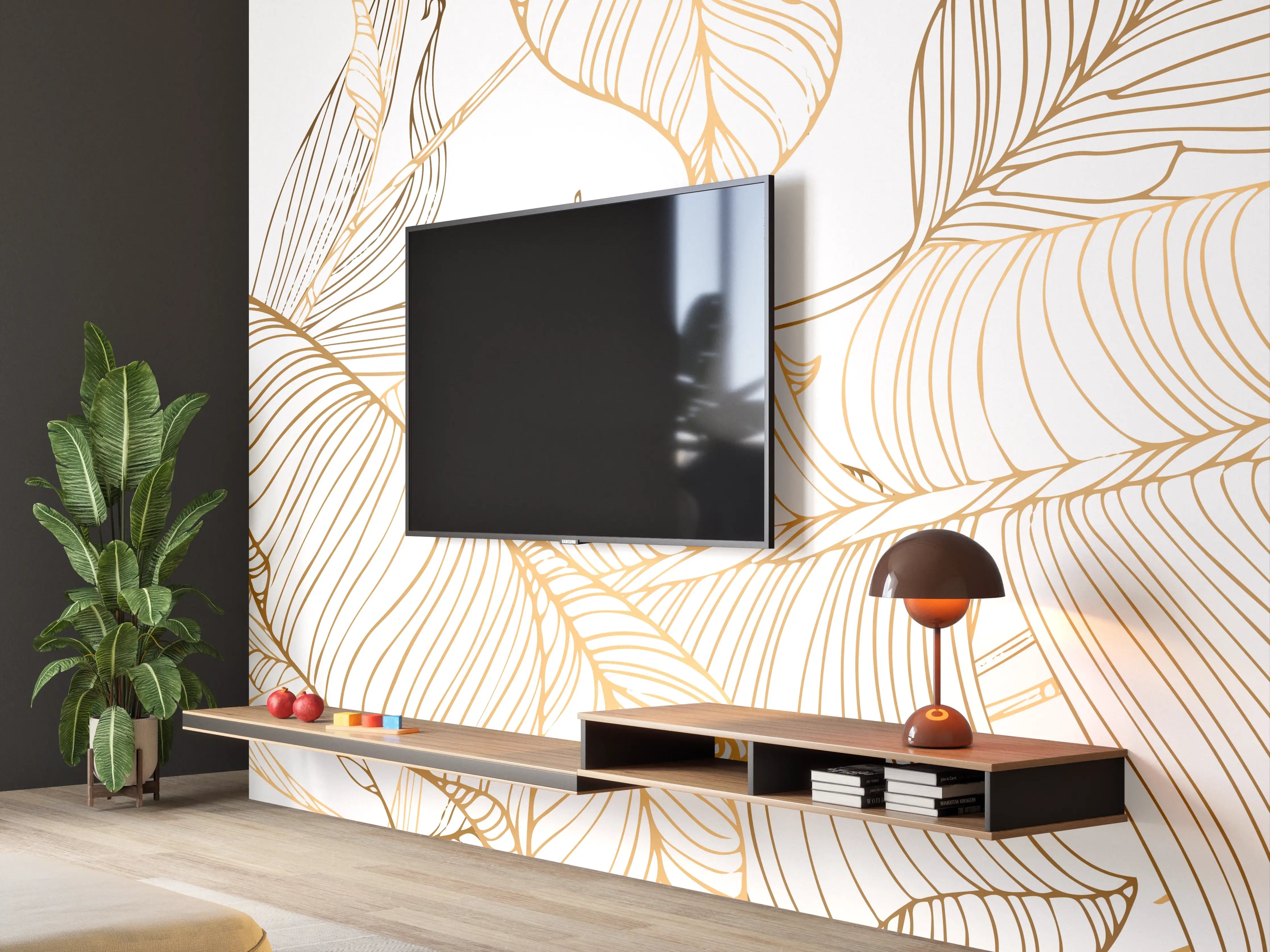 Wandverkleidung Wohnzimmer - Goldene Lineart Blattmuster Kunst
