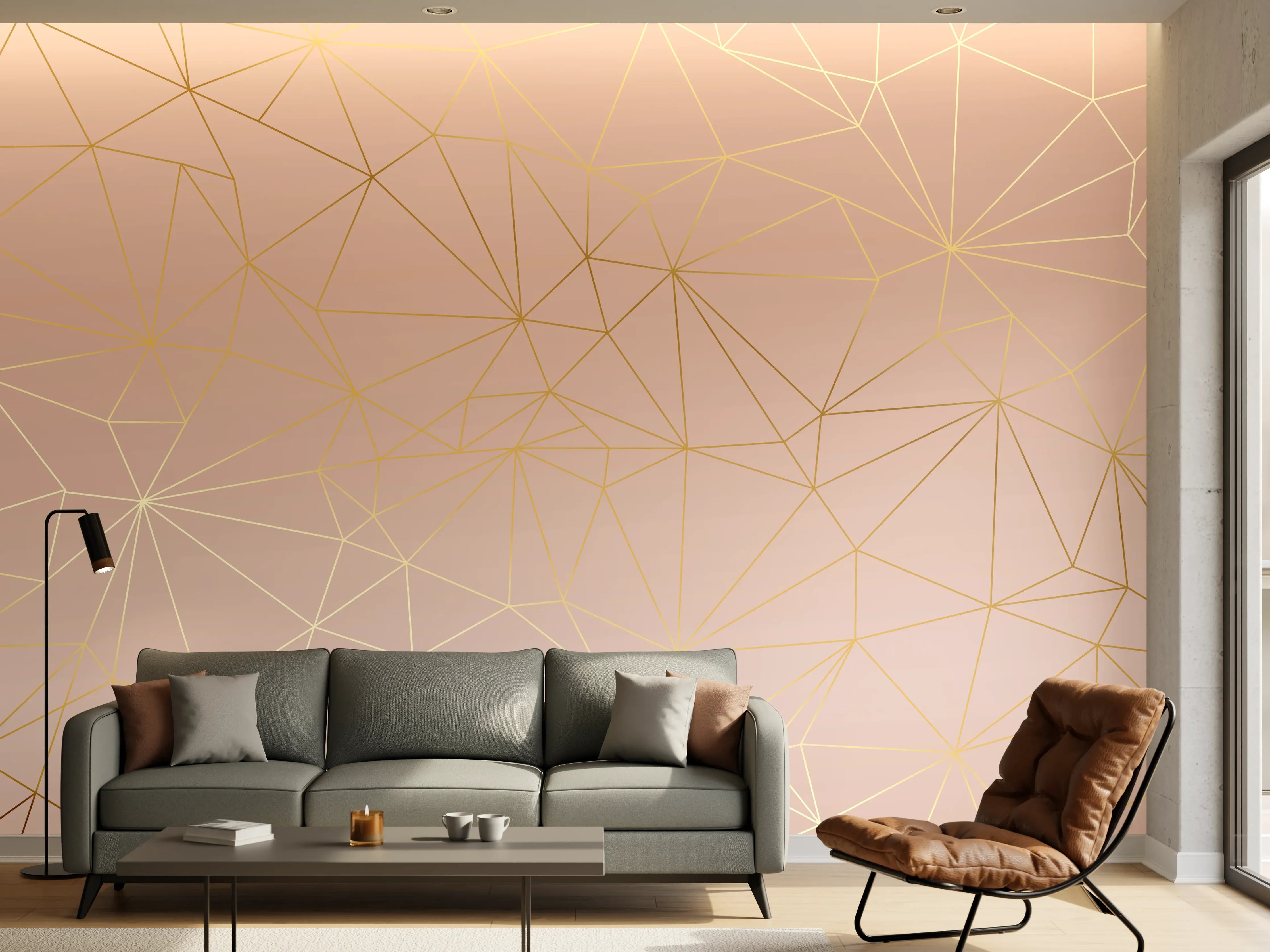 Wandverkleidung Wohnzimmer - Goldene Linien auf Beige Hintergrund