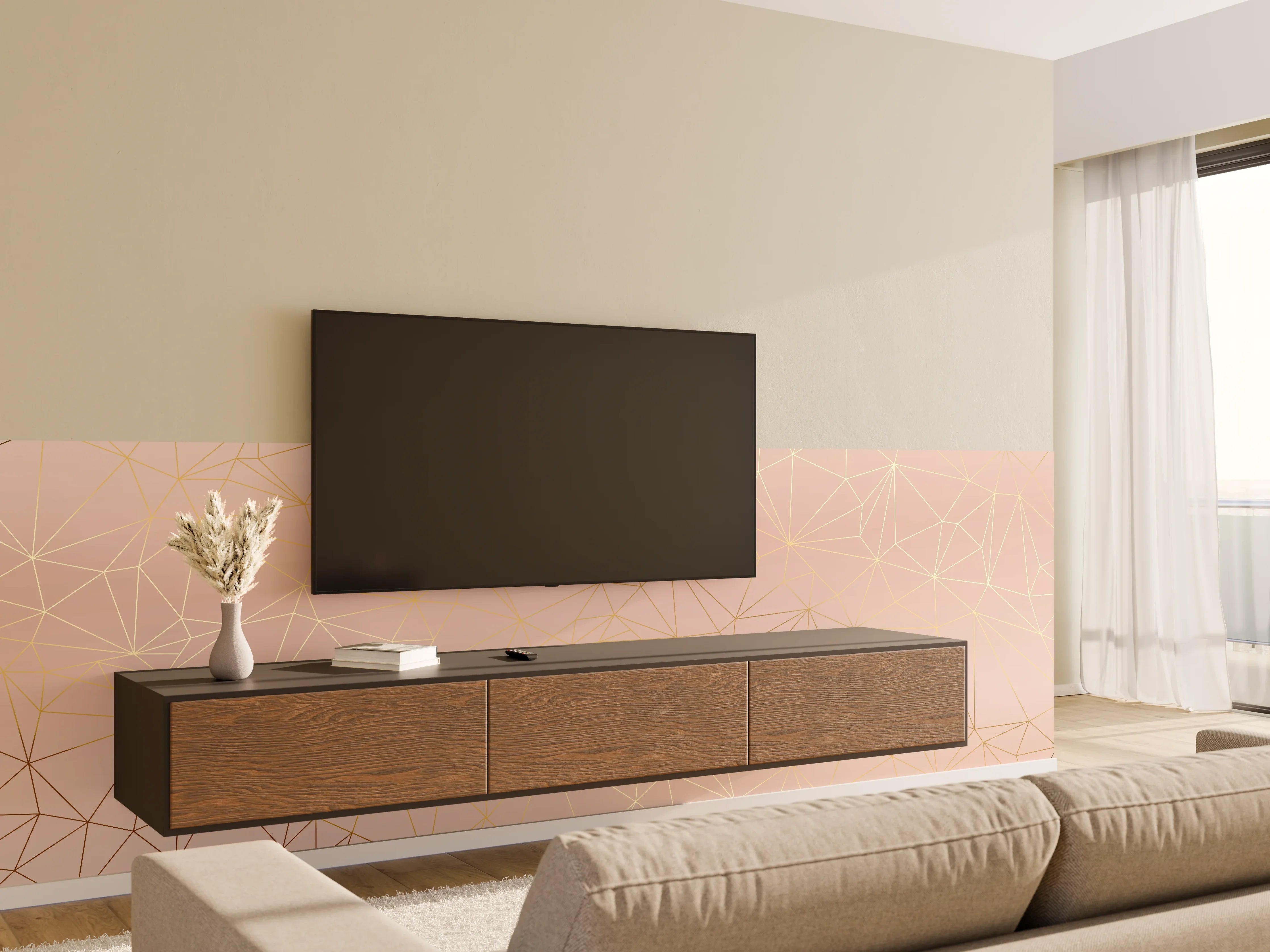 Wandverkleidung Wohnzimmer - Goldene Linien auf Beige Hintergrund