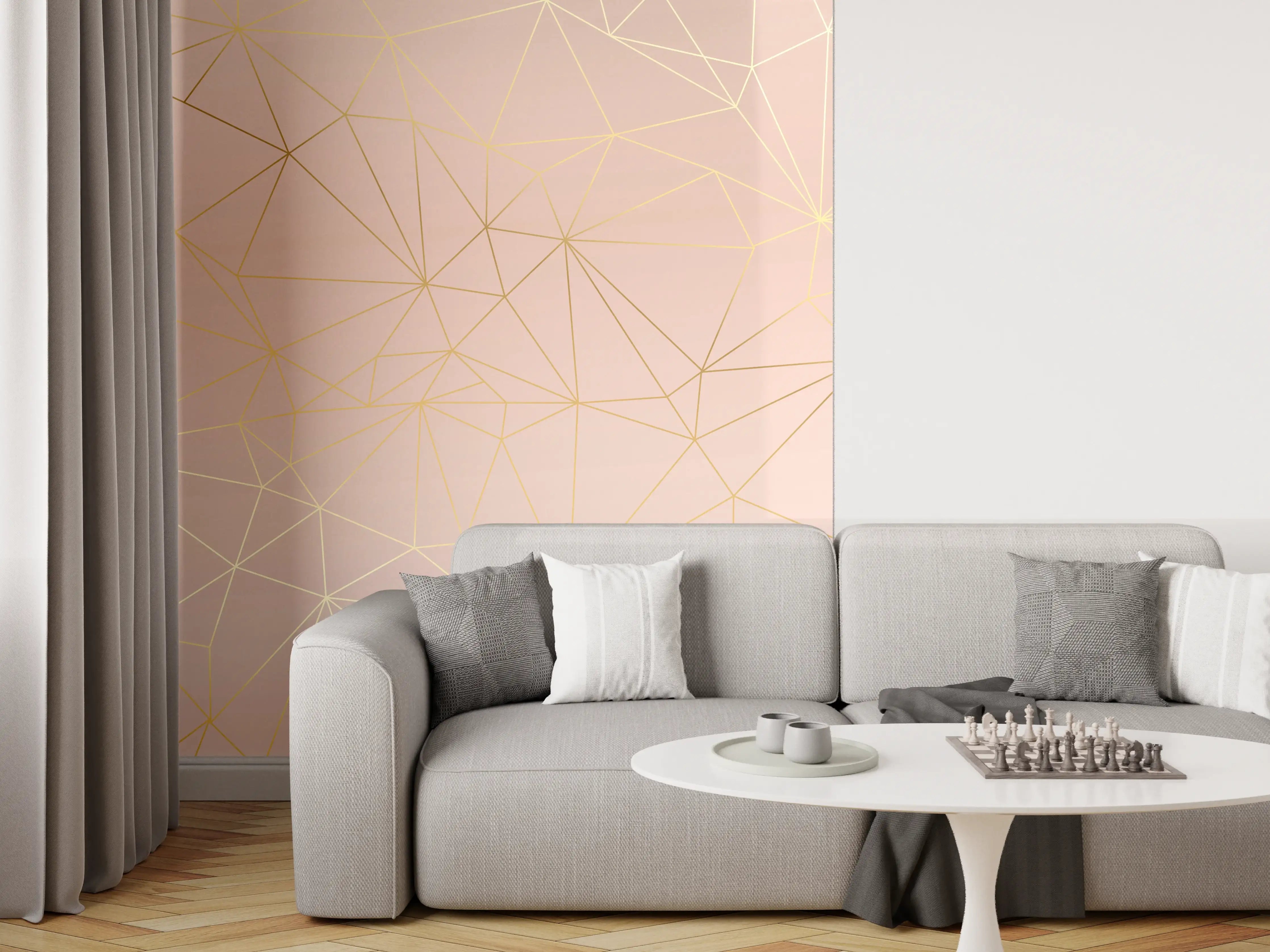 Wandverkleidung Wohnzimmer - Goldene Linien auf Beige Hintergrund