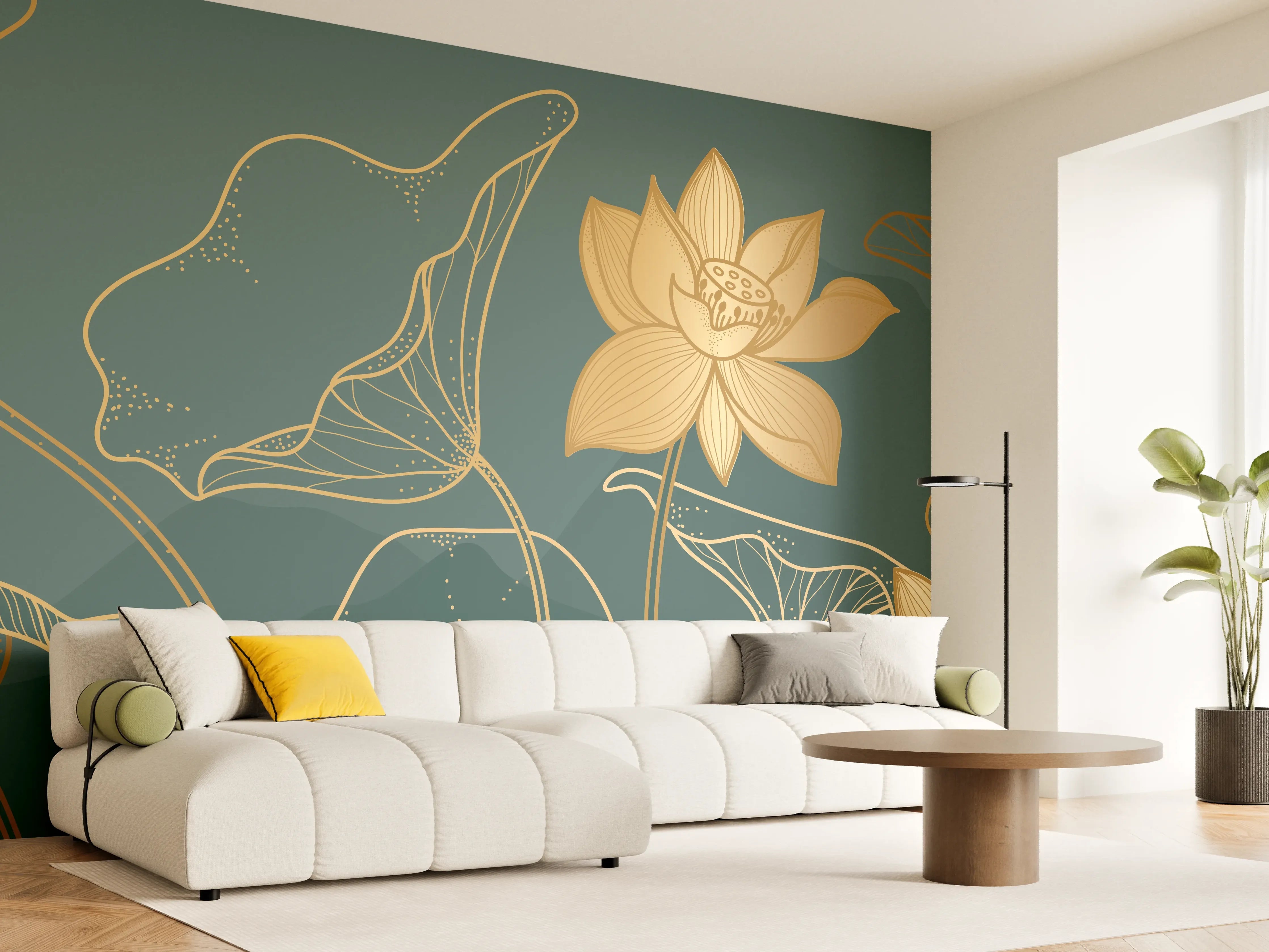 Wandverkleidung Wohnzimmer - Goldene Lotus Linienzeichnung