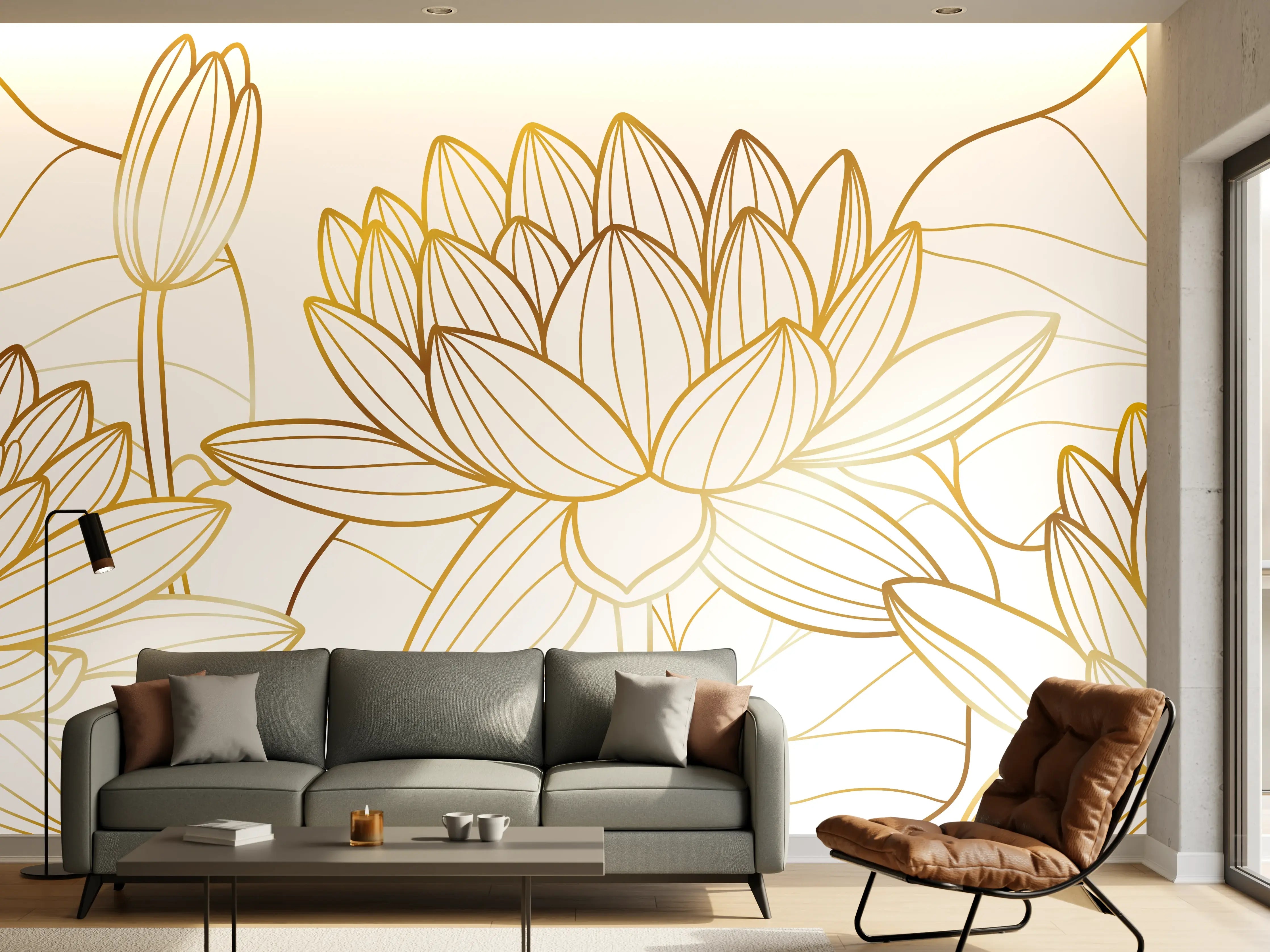 Wandverkleidung Wohnzimmer - Goldene Lotusblüte Zeichnung