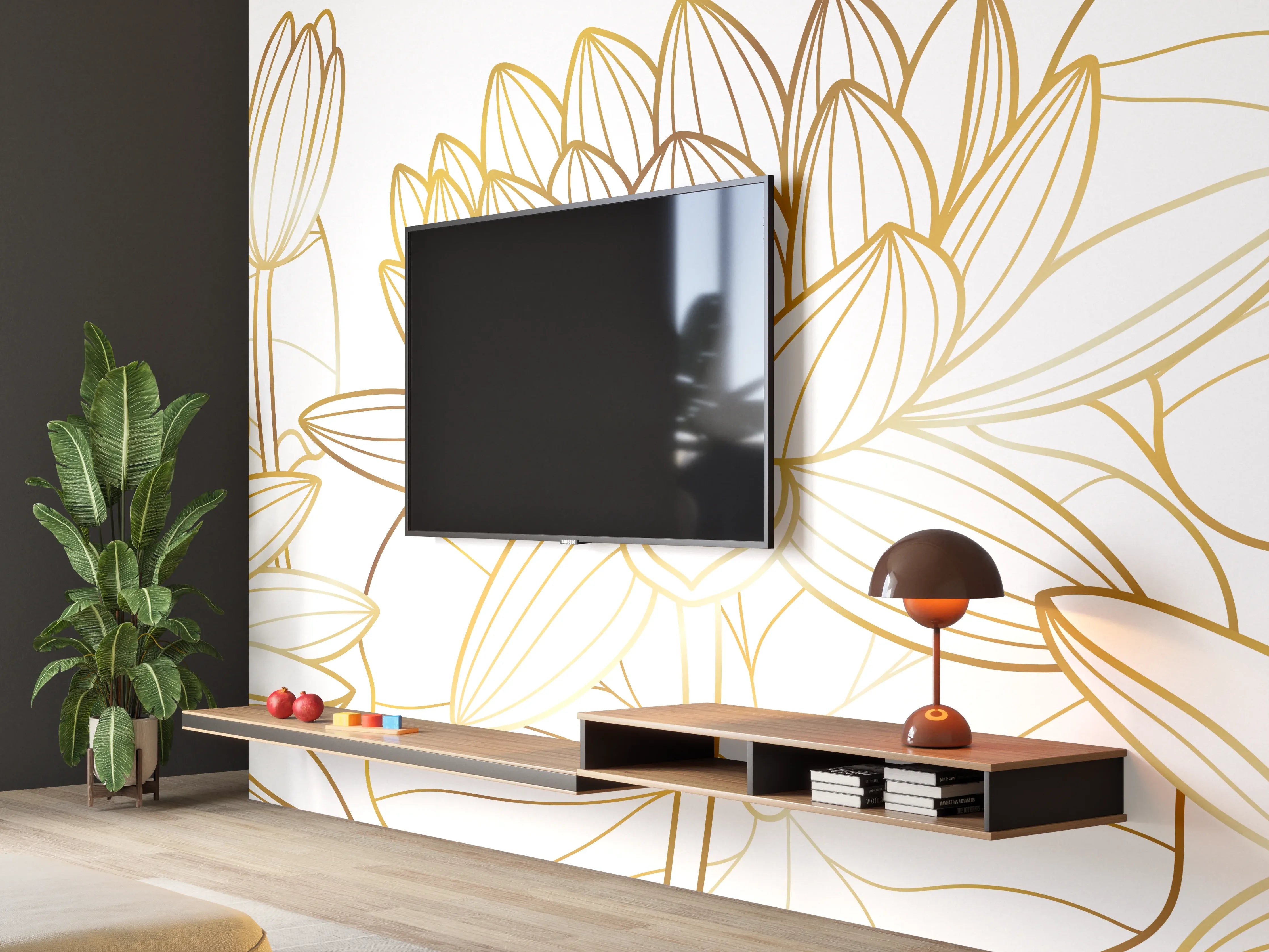 Wandverkleidung Wohnzimmer - Goldene Lotusblüte Zeichnung