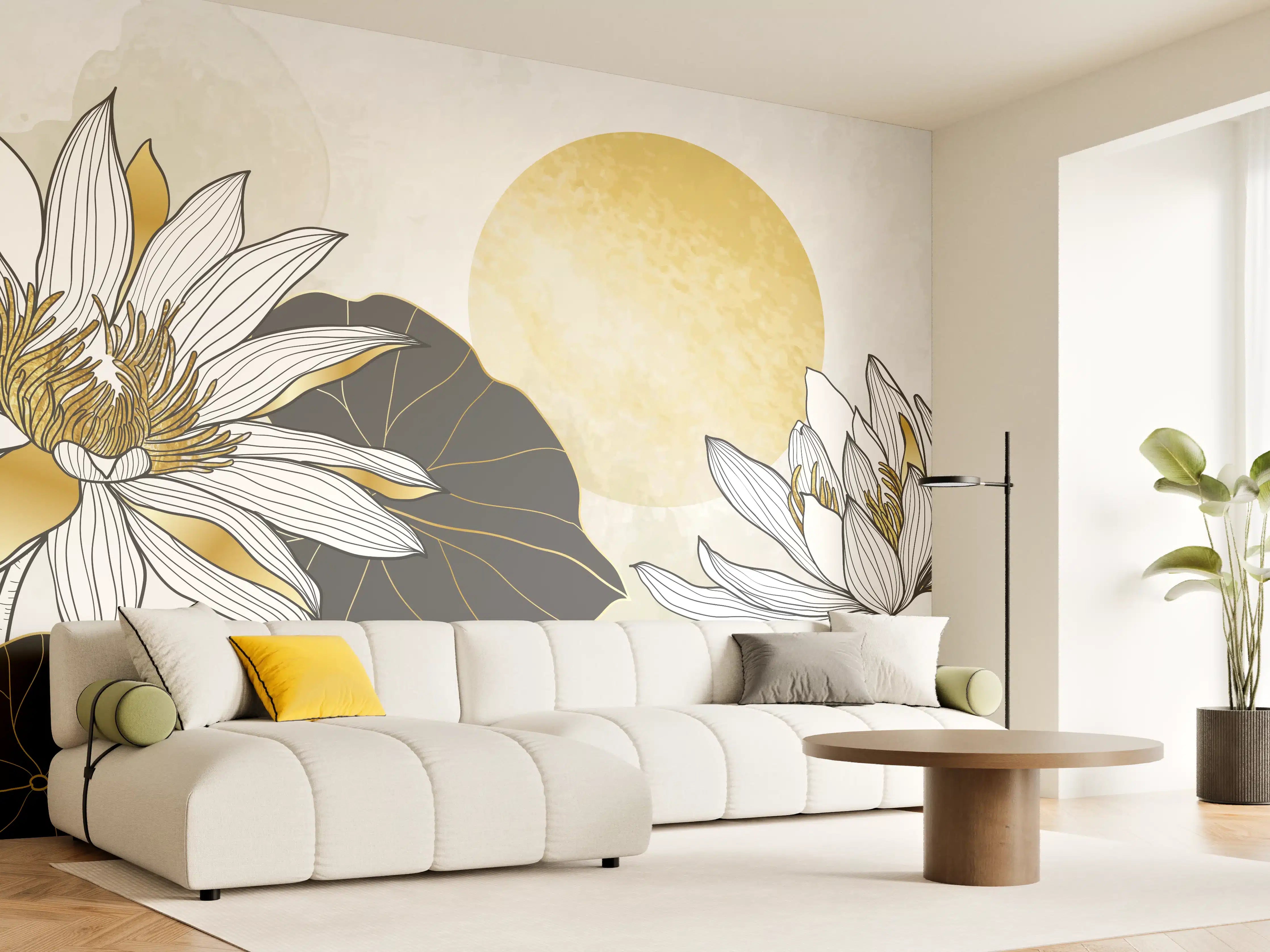 Wandverkleidung Wohnzimmer - Goldene Lotusblüten Illustration