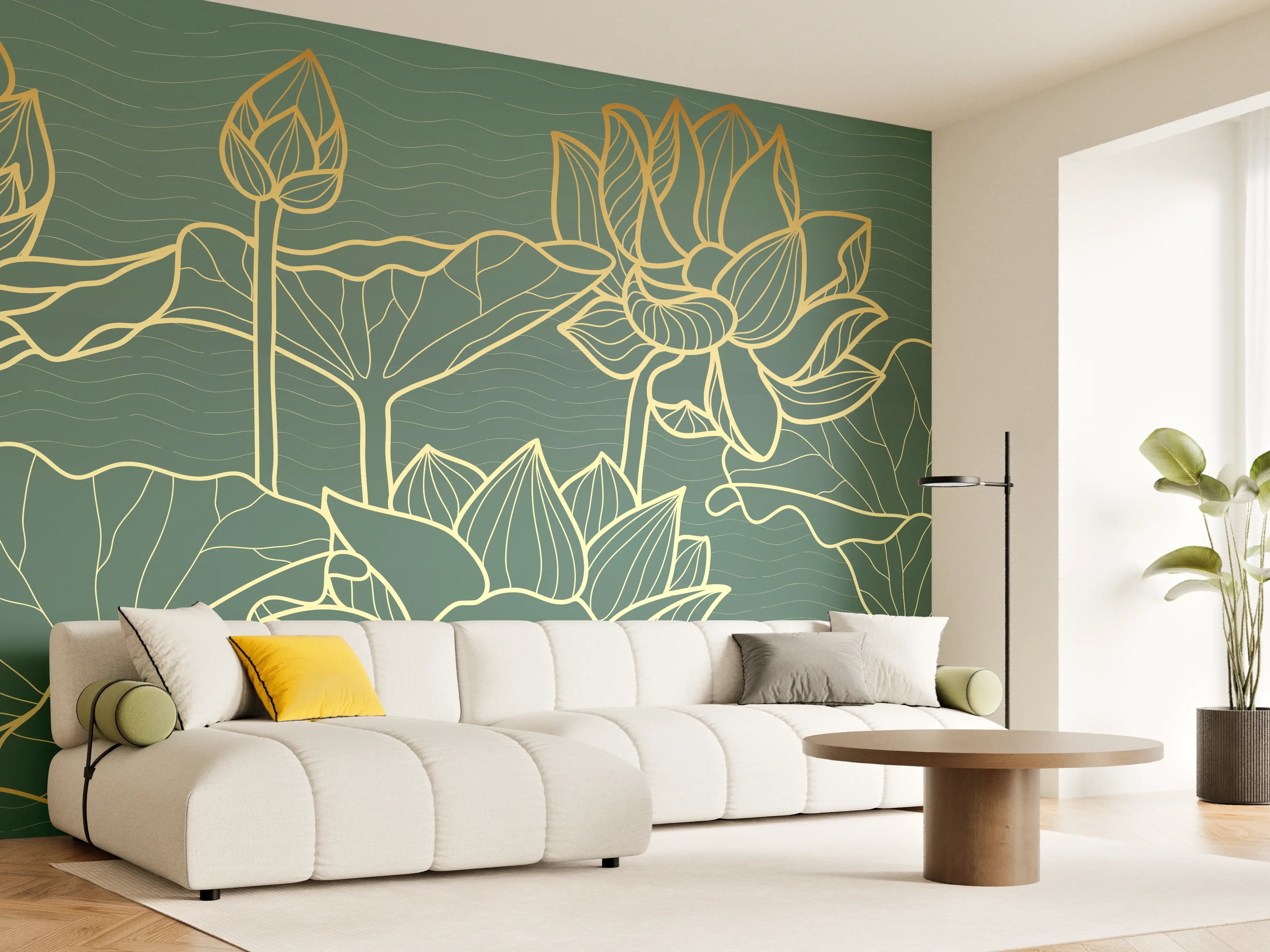 Wandverkleidung Wohnzimmer - Goldene Lotusblumen Kunstwerk