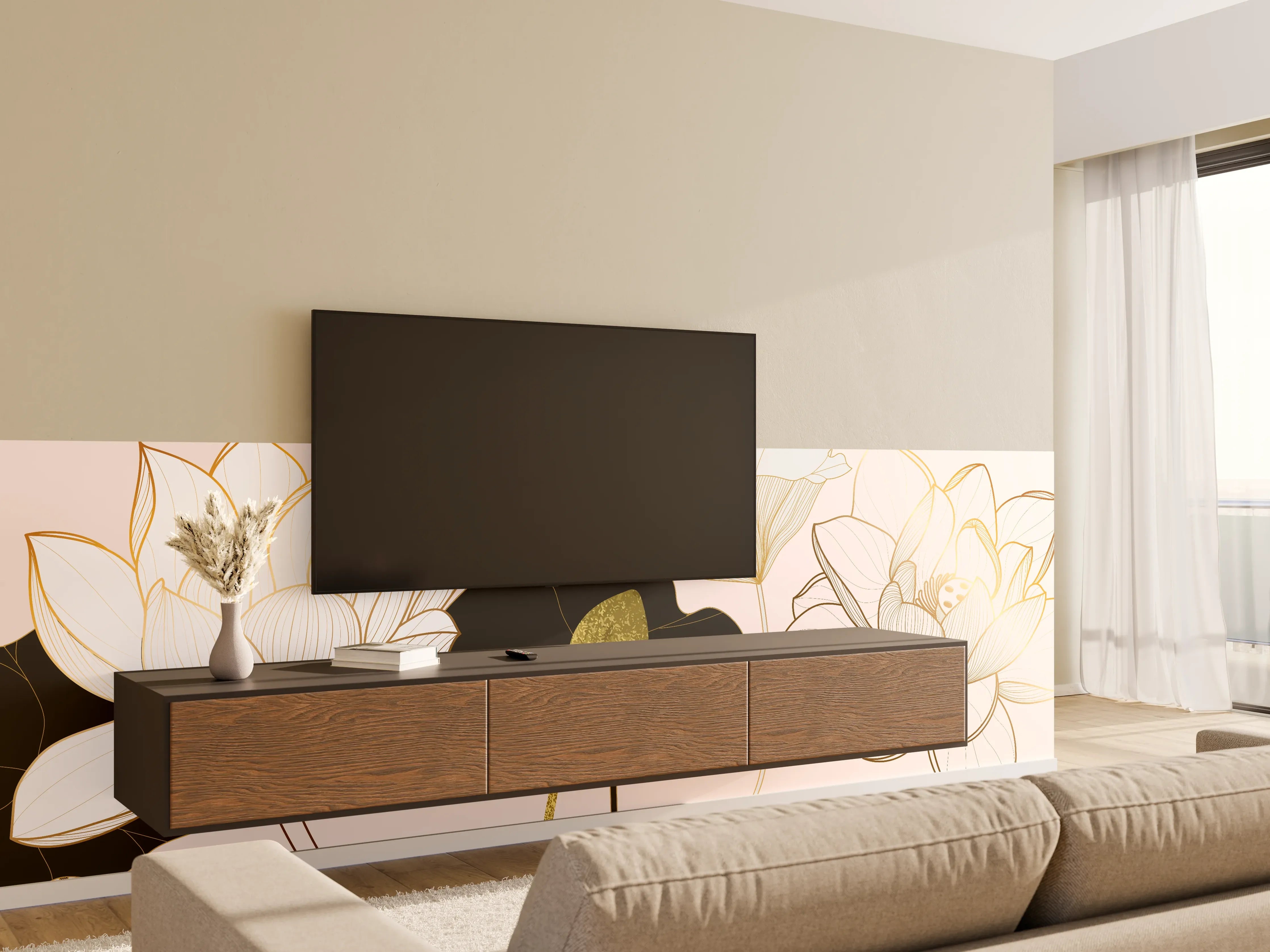 Wandverkleidung Wohnzimmer - Goldene Lotusblumen auf Schwarz