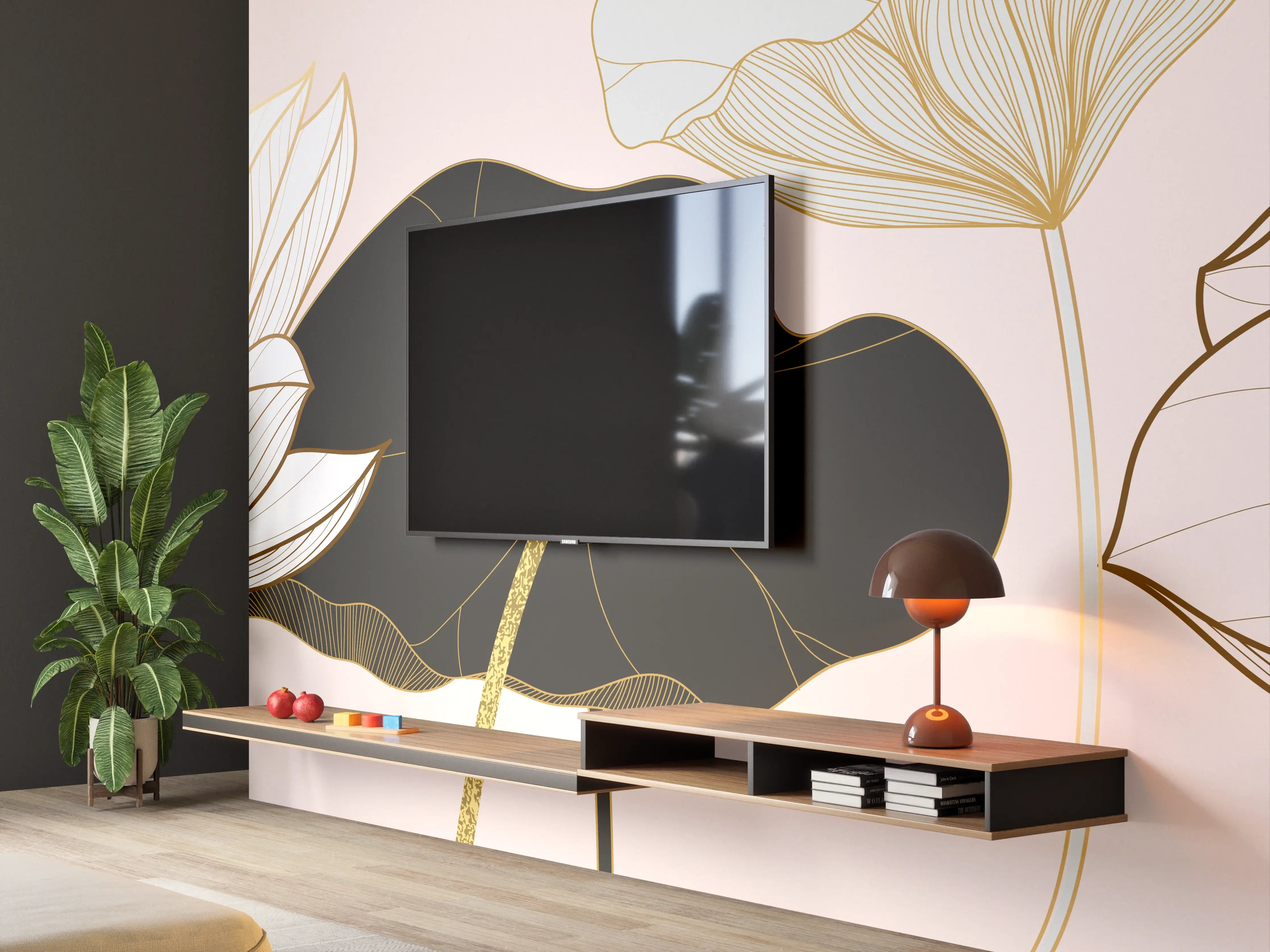 Wandverkleidung Wohnzimmer - Goldene Lotusblumen auf Schwarz