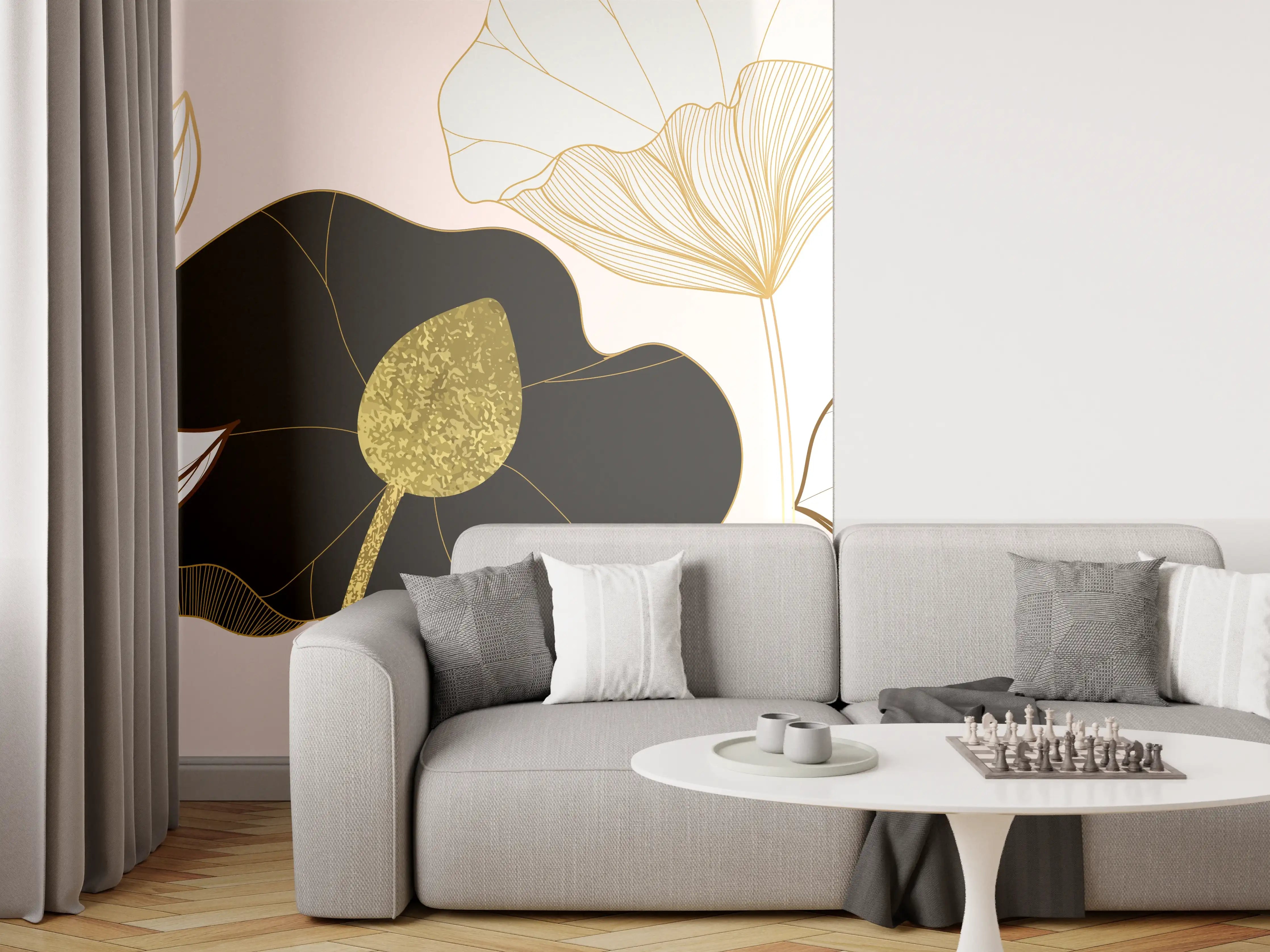 Wandverkleidung Wohnzimmer - Goldene Lotusblumen auf Schwarz