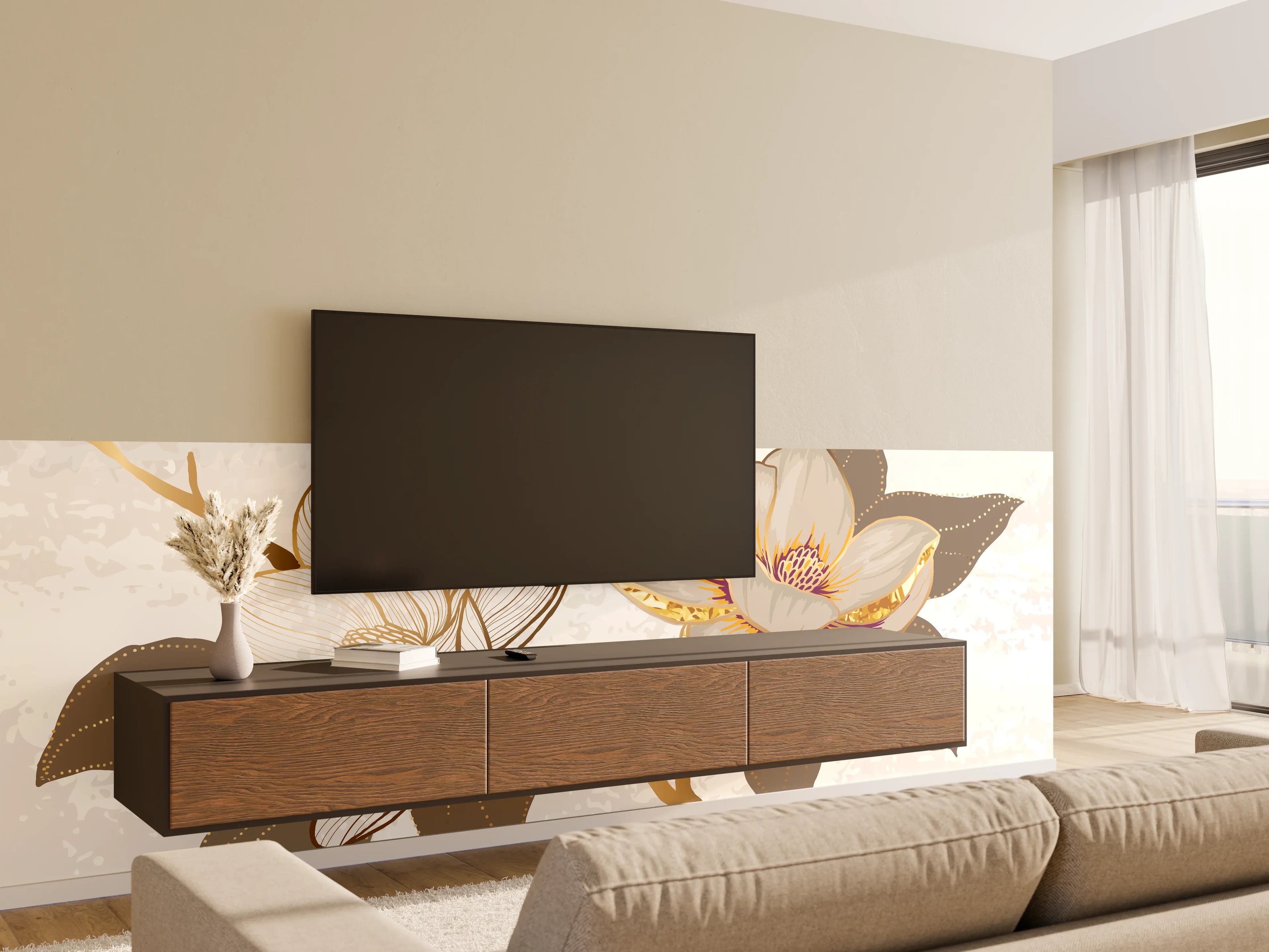 Wandverkleidung Wohnzimmer - Goldene Magnolien Kunst-Design