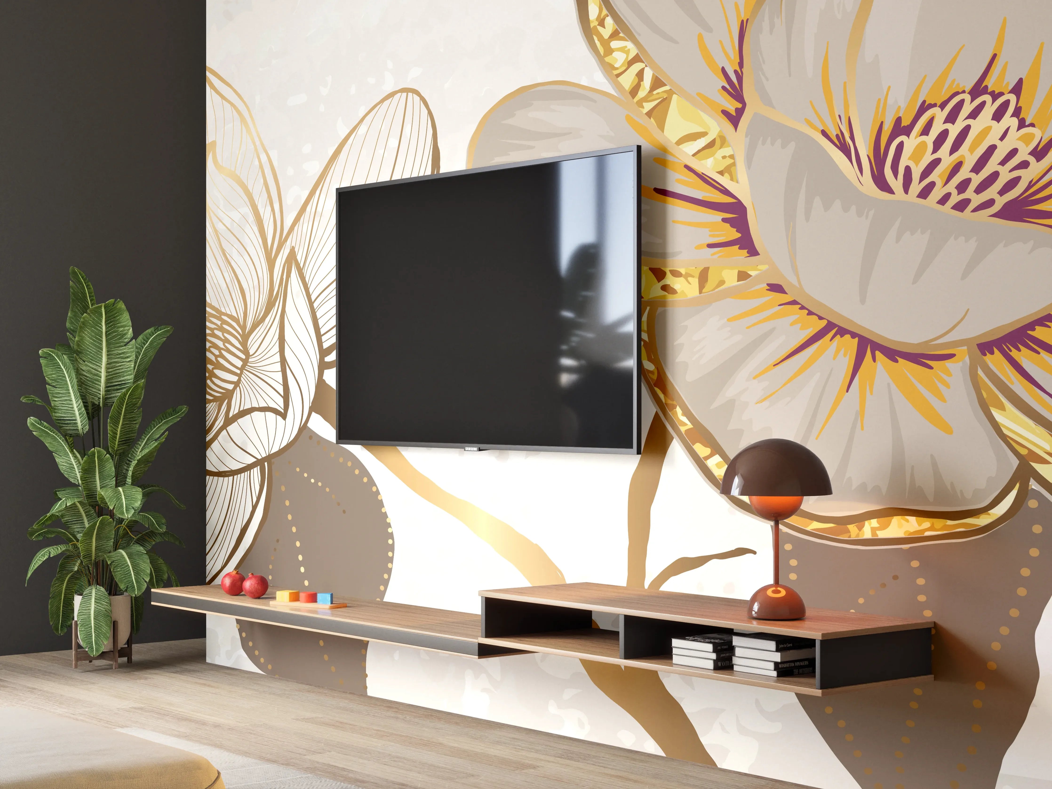 Wandverkleidung Wohnzimmer - Goldene Magnolien Kunst-Design