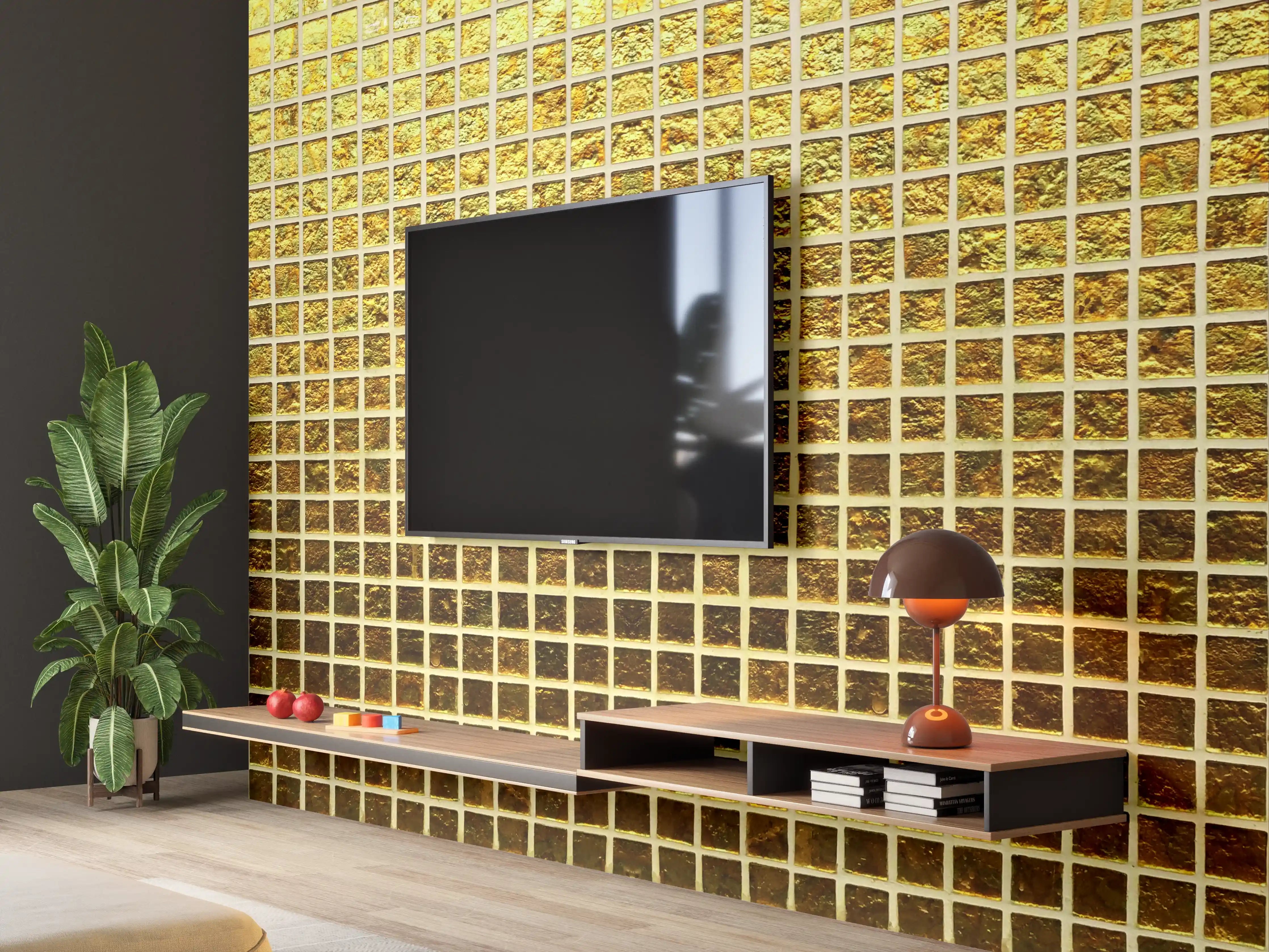 Wandverkleidung Wohnzimmer - Goldene Mosaikfliese für exklusives Flair