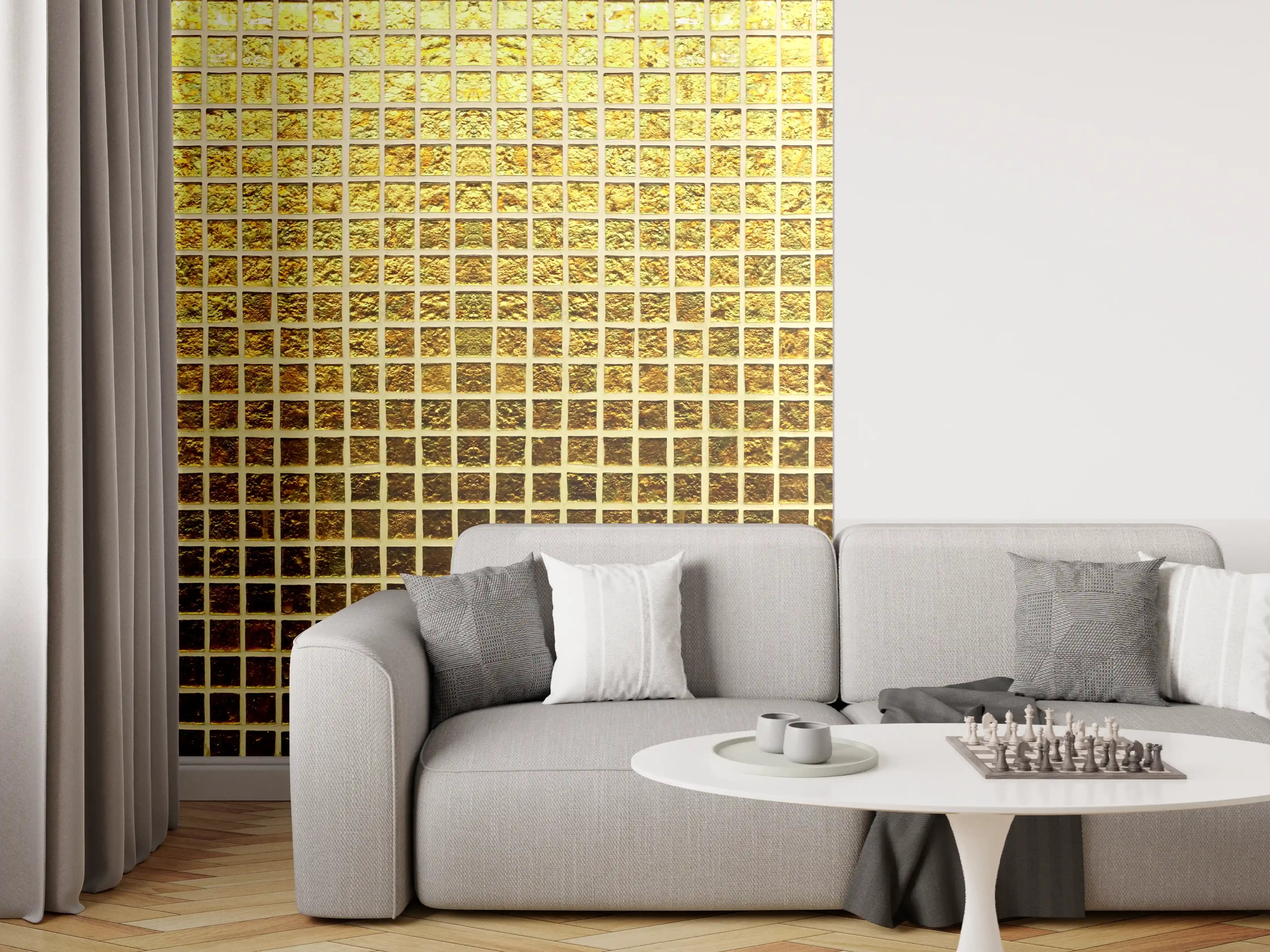 Wandverkleidung Wohnzimmer - Goldene Mosaikfliese für exklusives Flair