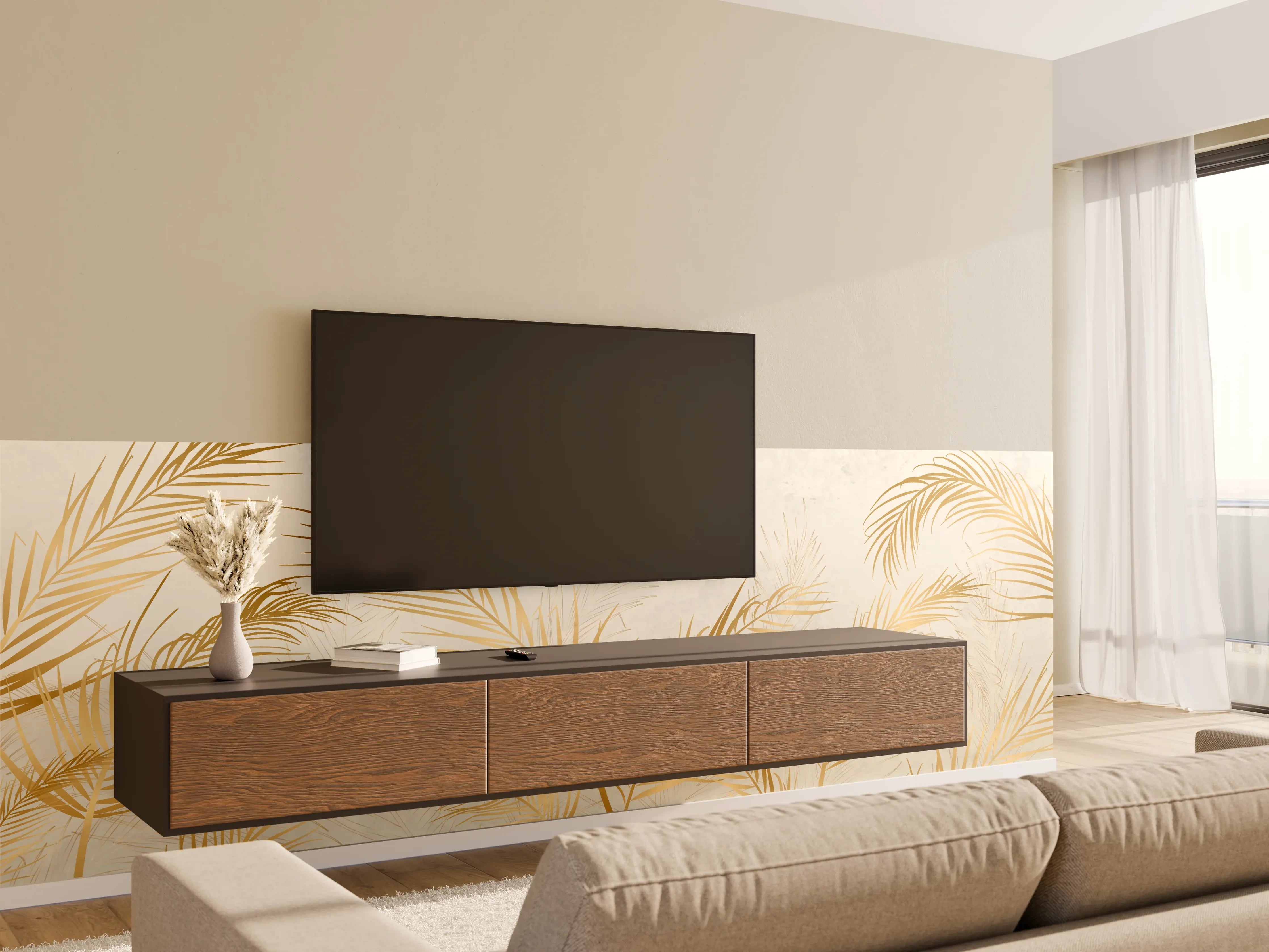 Wandverkleidung Wohnzimmer - Goldene Palmwedel Deko