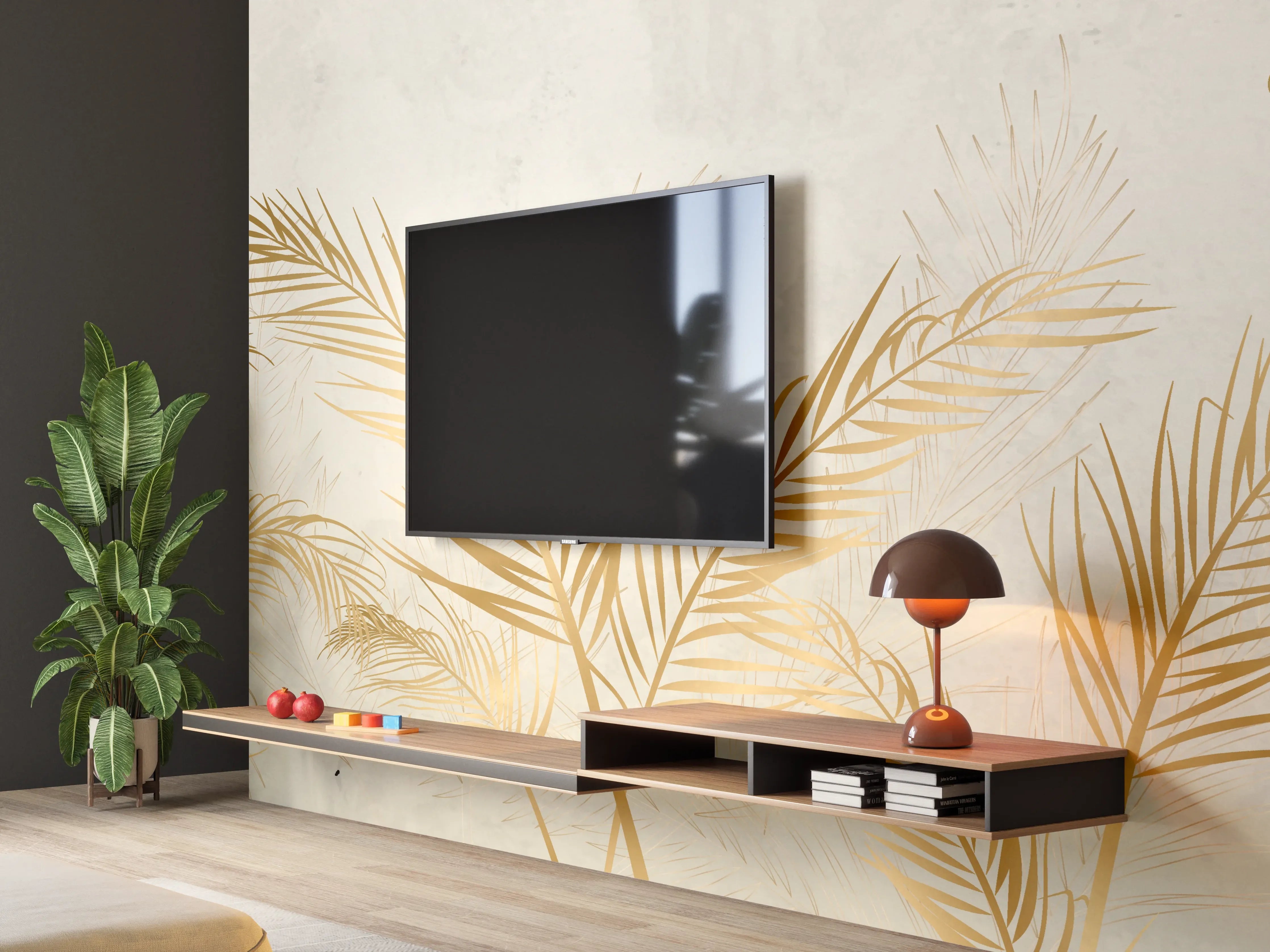 Wandverkleidung Wohnzimmer - Goldene Palmwedel Deko