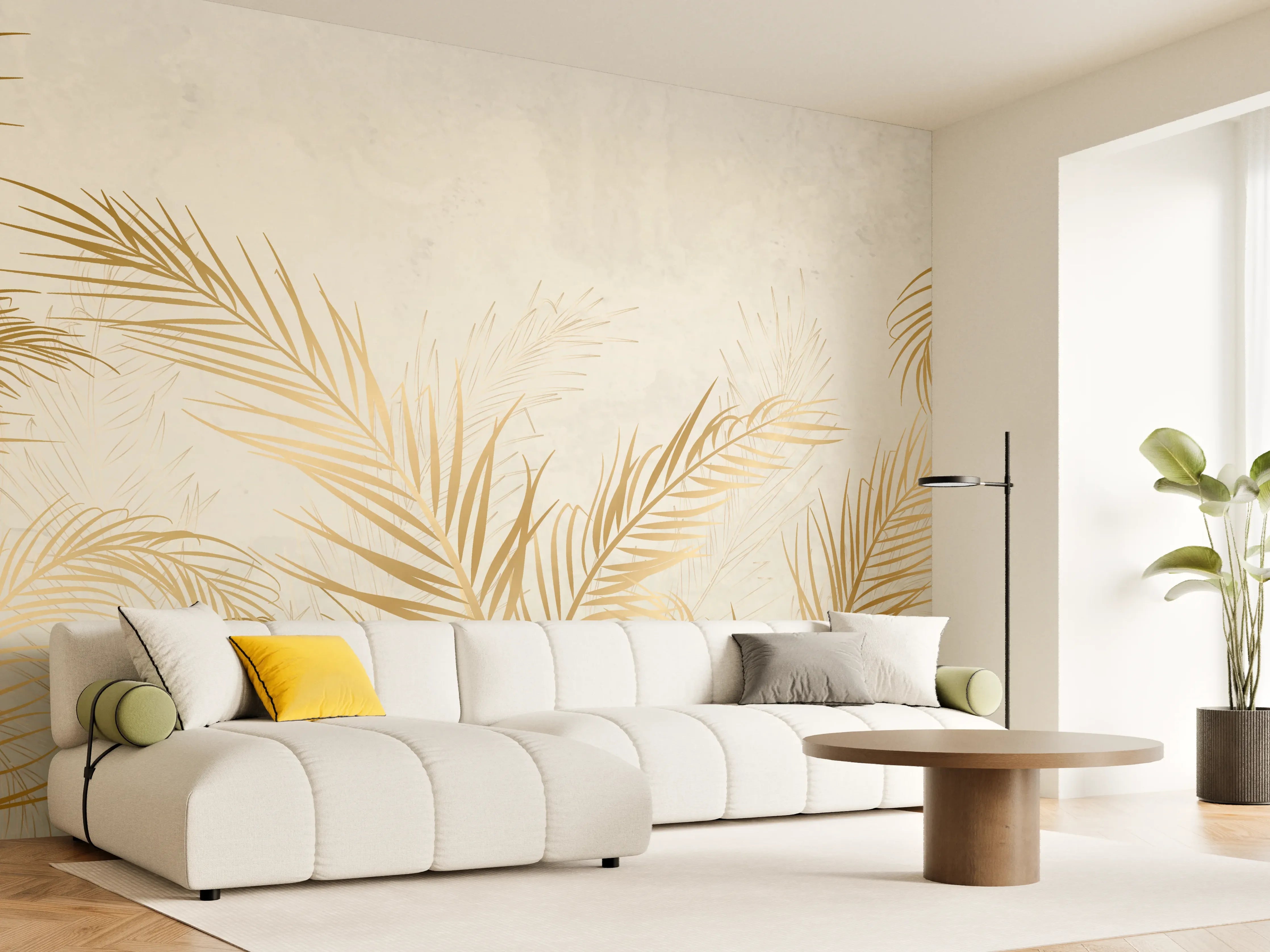 Wandverkleidung Wohnzimmer - Goldene Palmwedel Deko