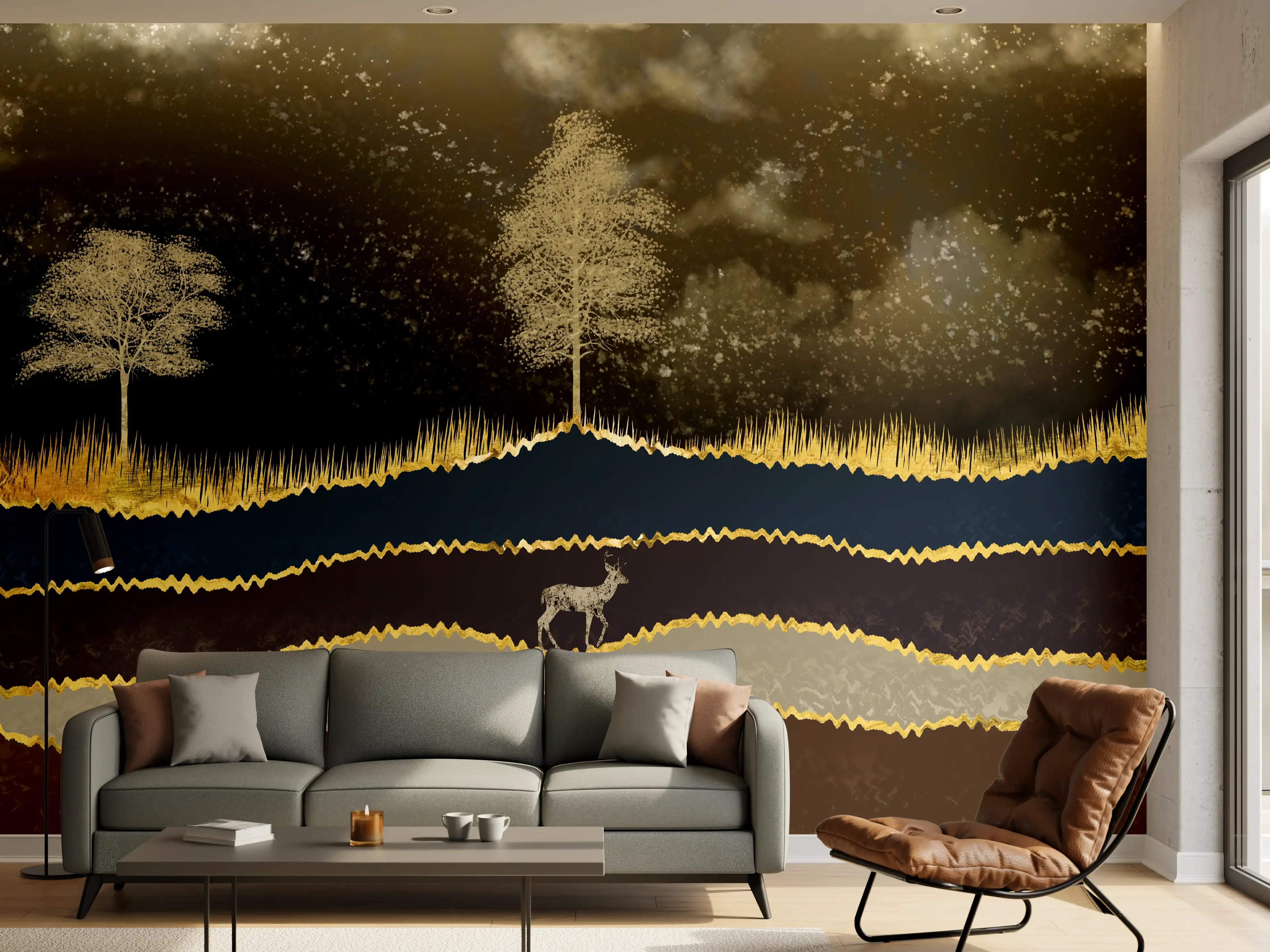Wandverkleidung Wohnzimmer - Goldene Sonne Dunkler Wald Hirsch
