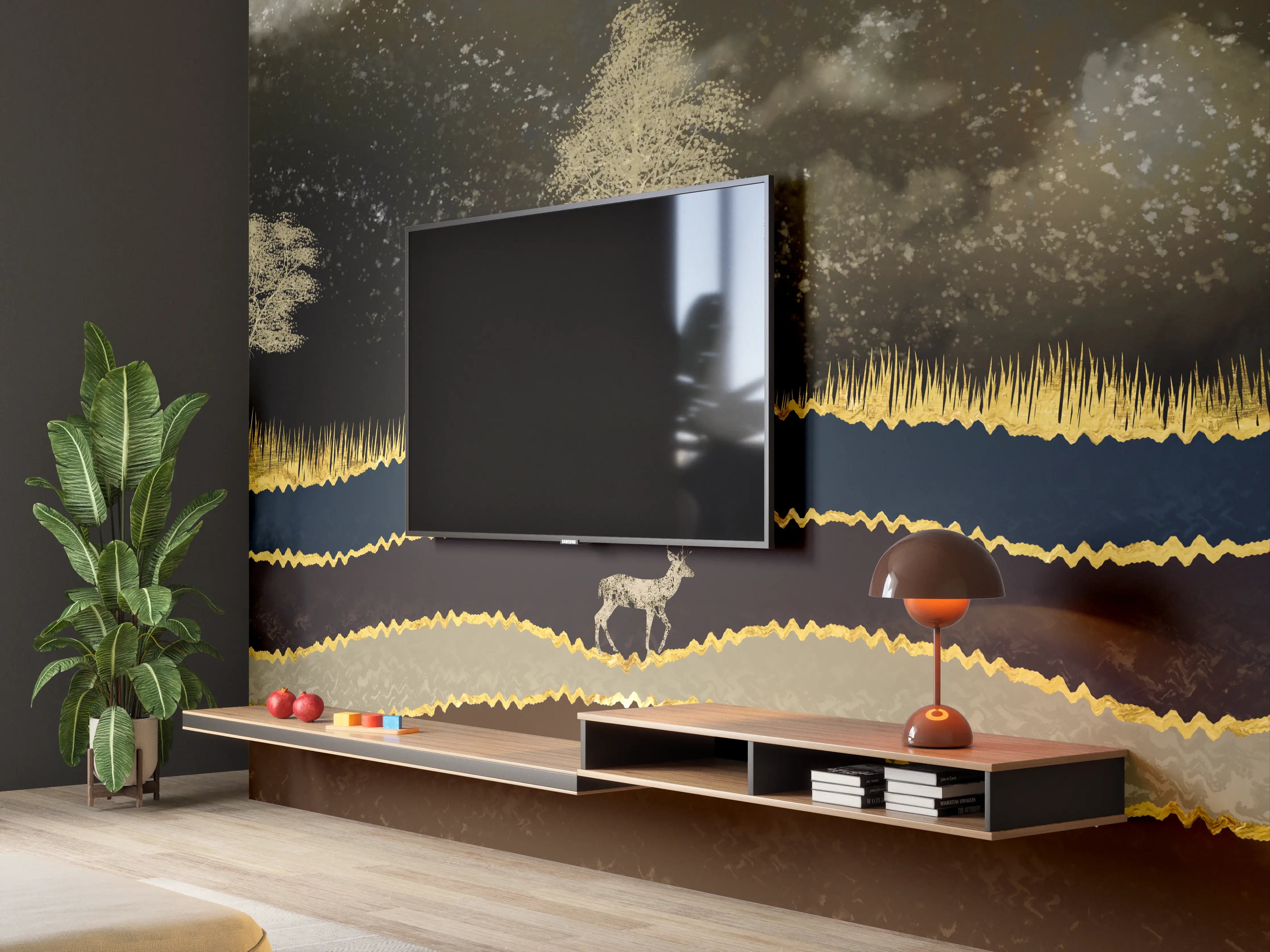 Wandverkleidung Wohnzimmer - Goldene Sonne Dunkler Wald Hirsch