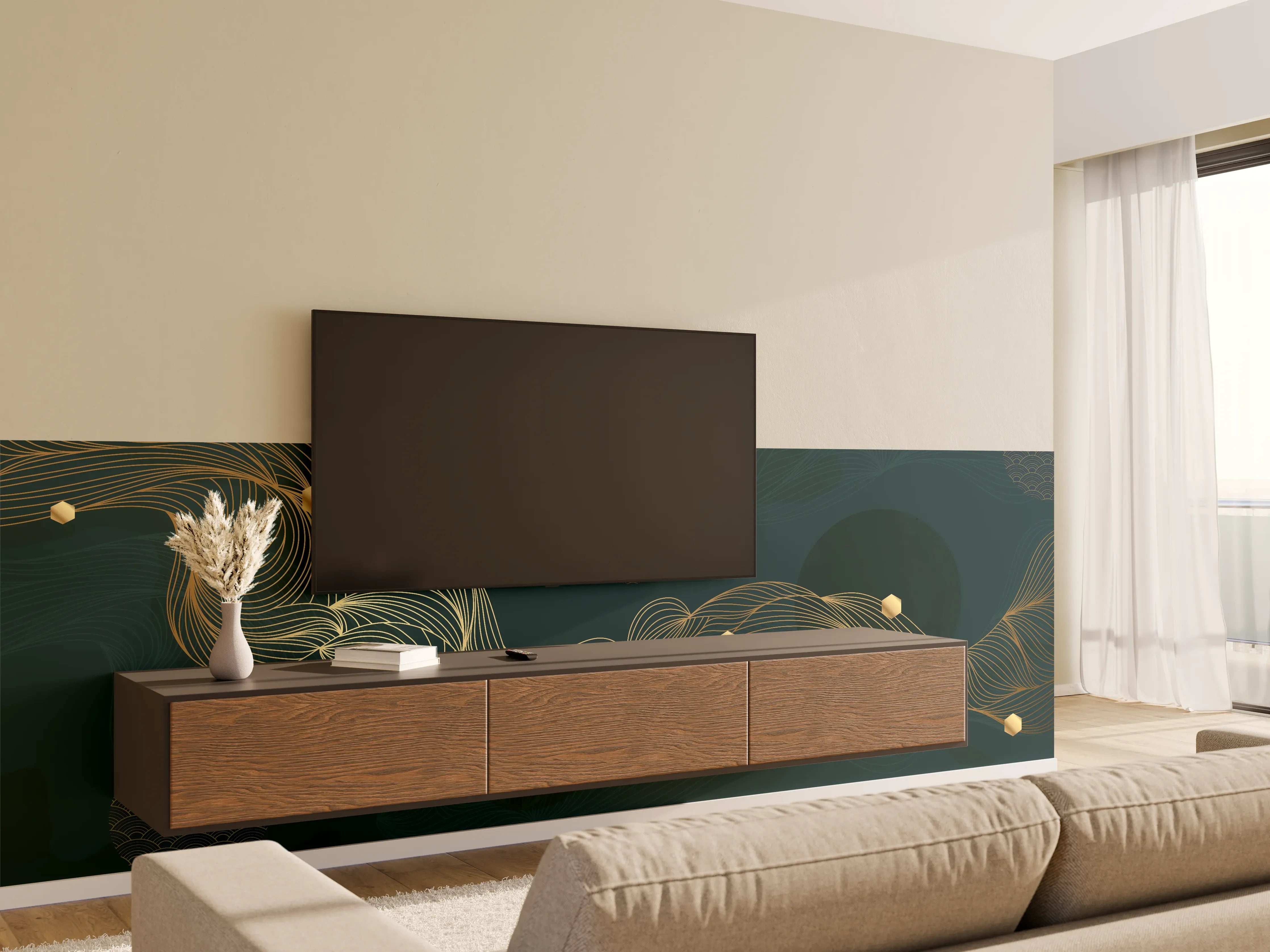 Wandverkleidung Wohnzimmer - Goldene Wellenlinien auf Dunkelblau