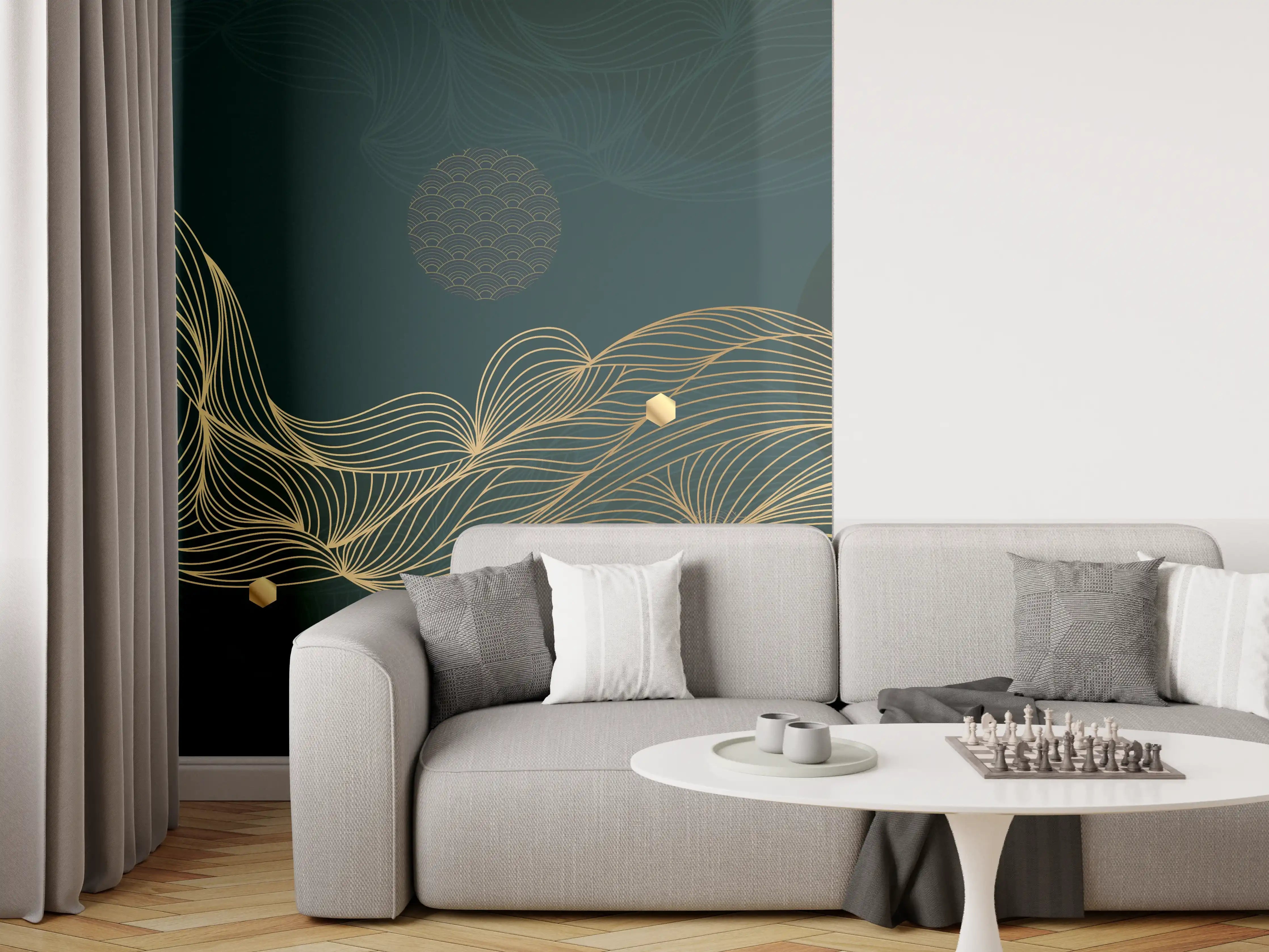 Wandverkleidung Wohnzimmer - Goldene Wellenlinien auf Dunkelblau
