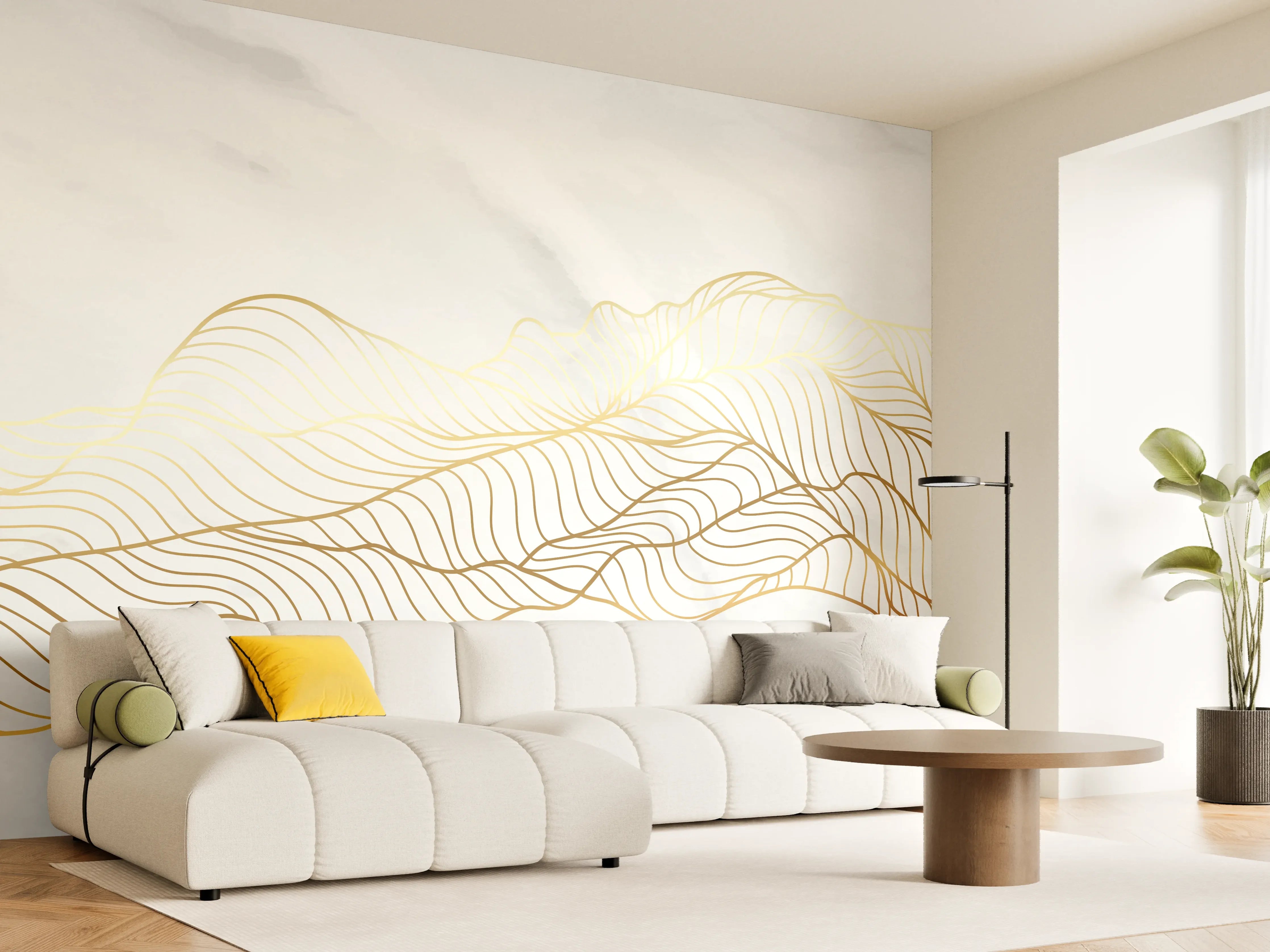 Wandverkleidung Wohnzimmer - Goldene Wellenlinien auf Marmor