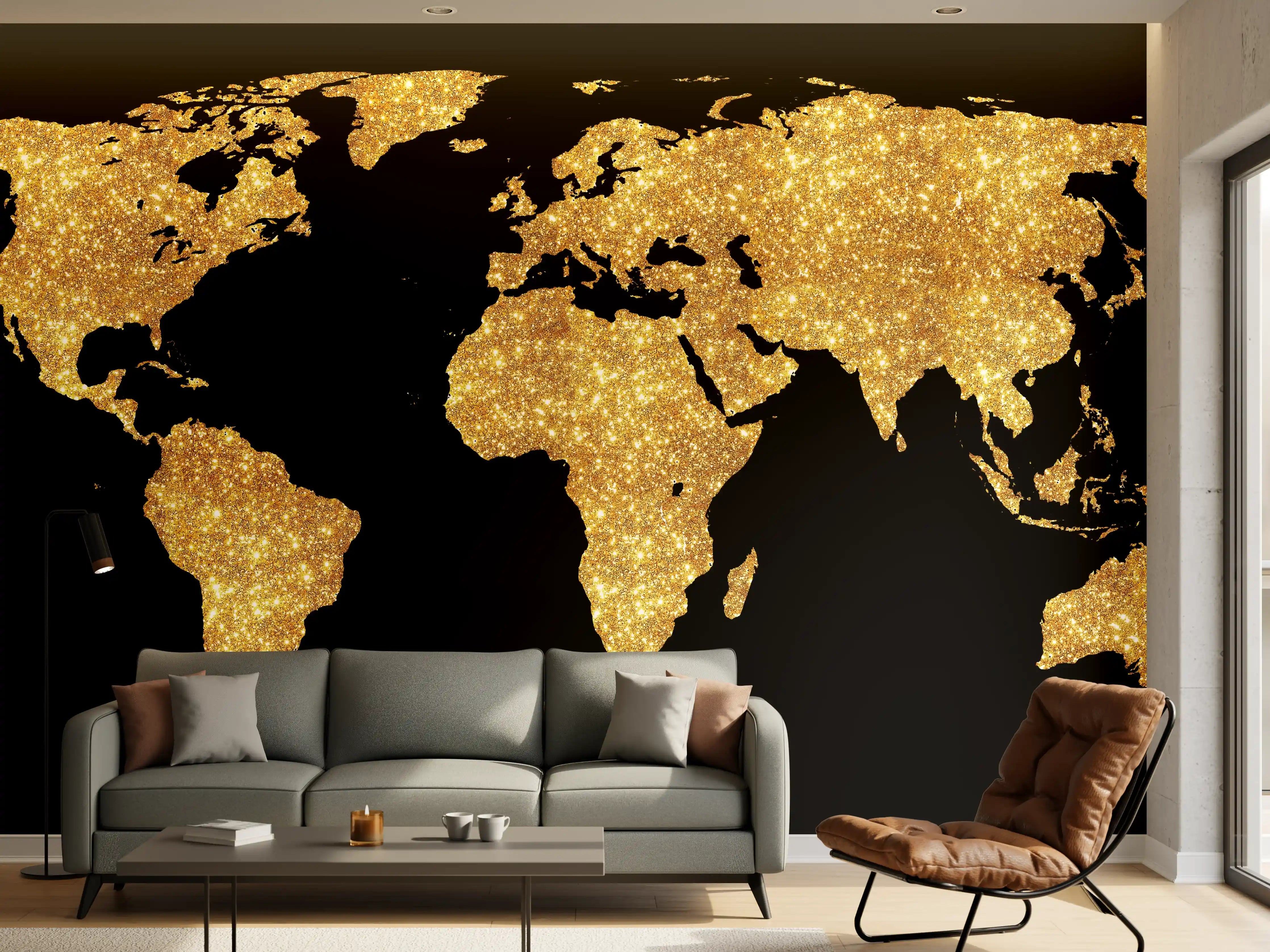 Wandverkleidung Wohnzimmer - Goldene Weltkarte Nachtlicht