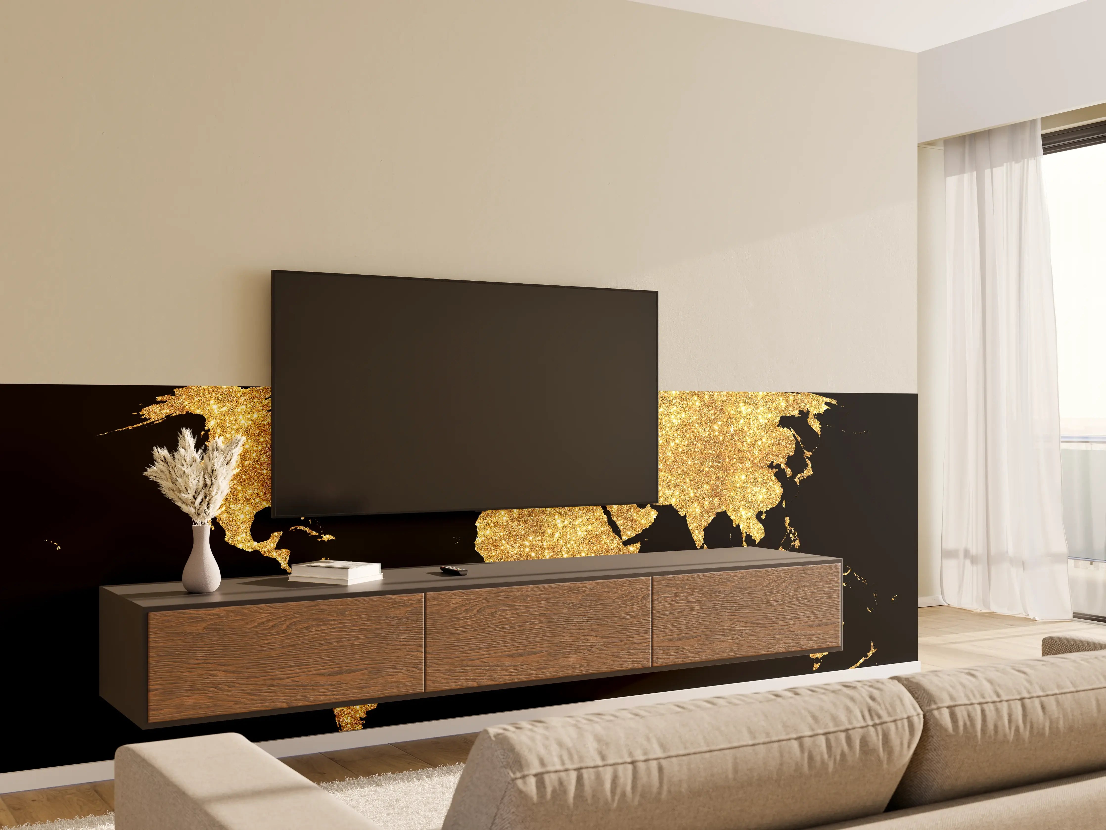 Wandverkleidung Wohnzimmer - Goldene Weltkarte Nachtlicht